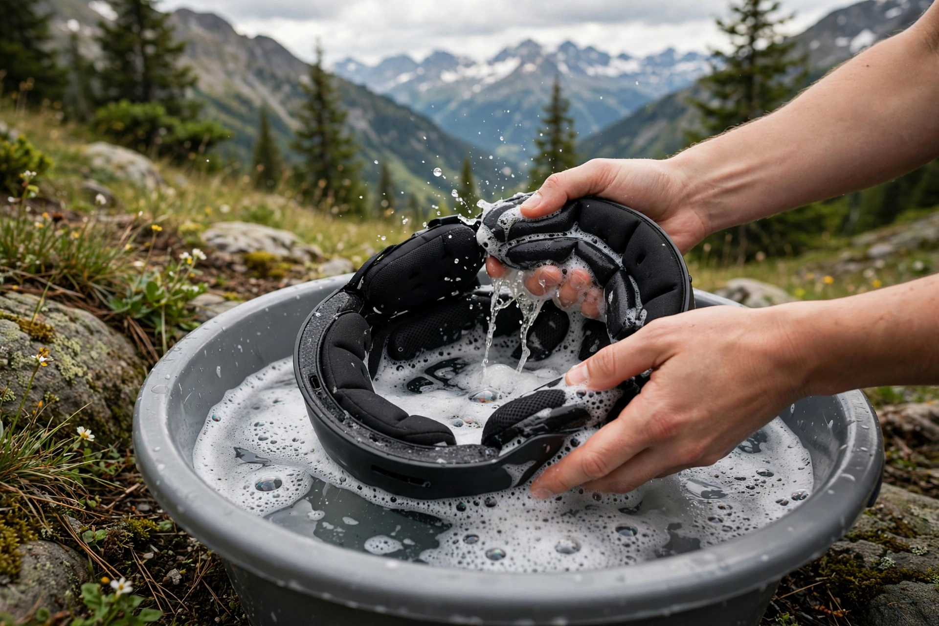 Hand washing a snowboard helmet liner in mild soapy water