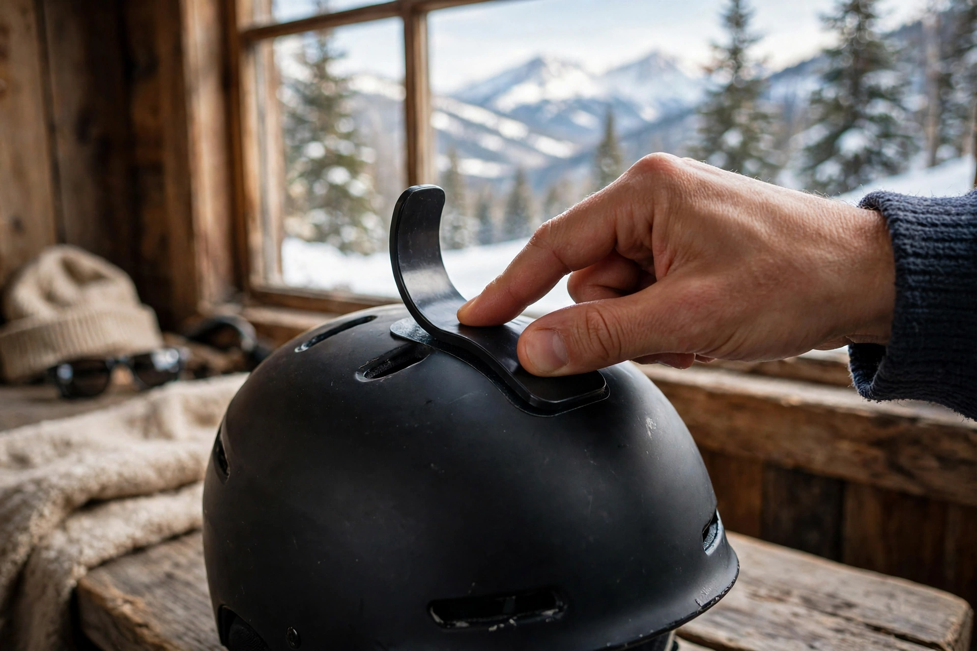 Pressing an adhesive camera mount onto a snowboard helmet