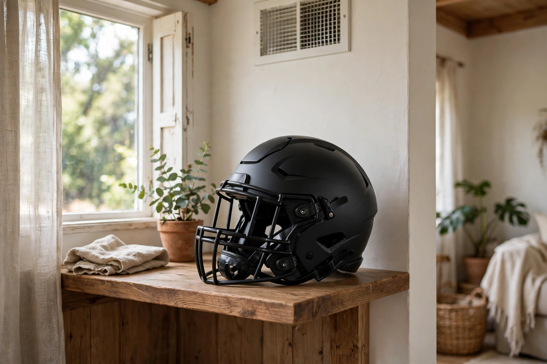 football helmet stored on a shelf indoors away from sunlight