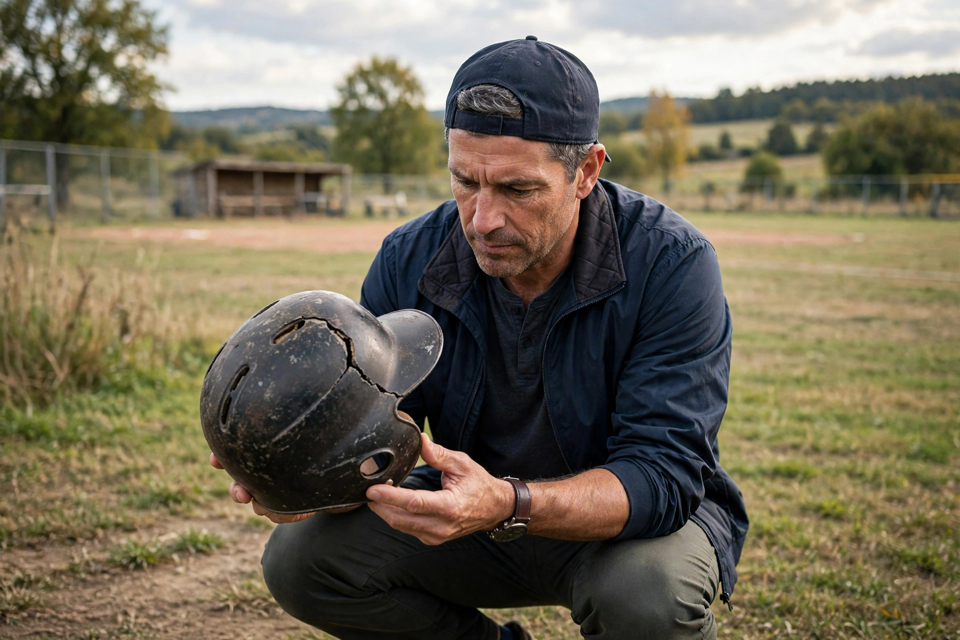 checking a batting helmet for cracks and wear before replacing it