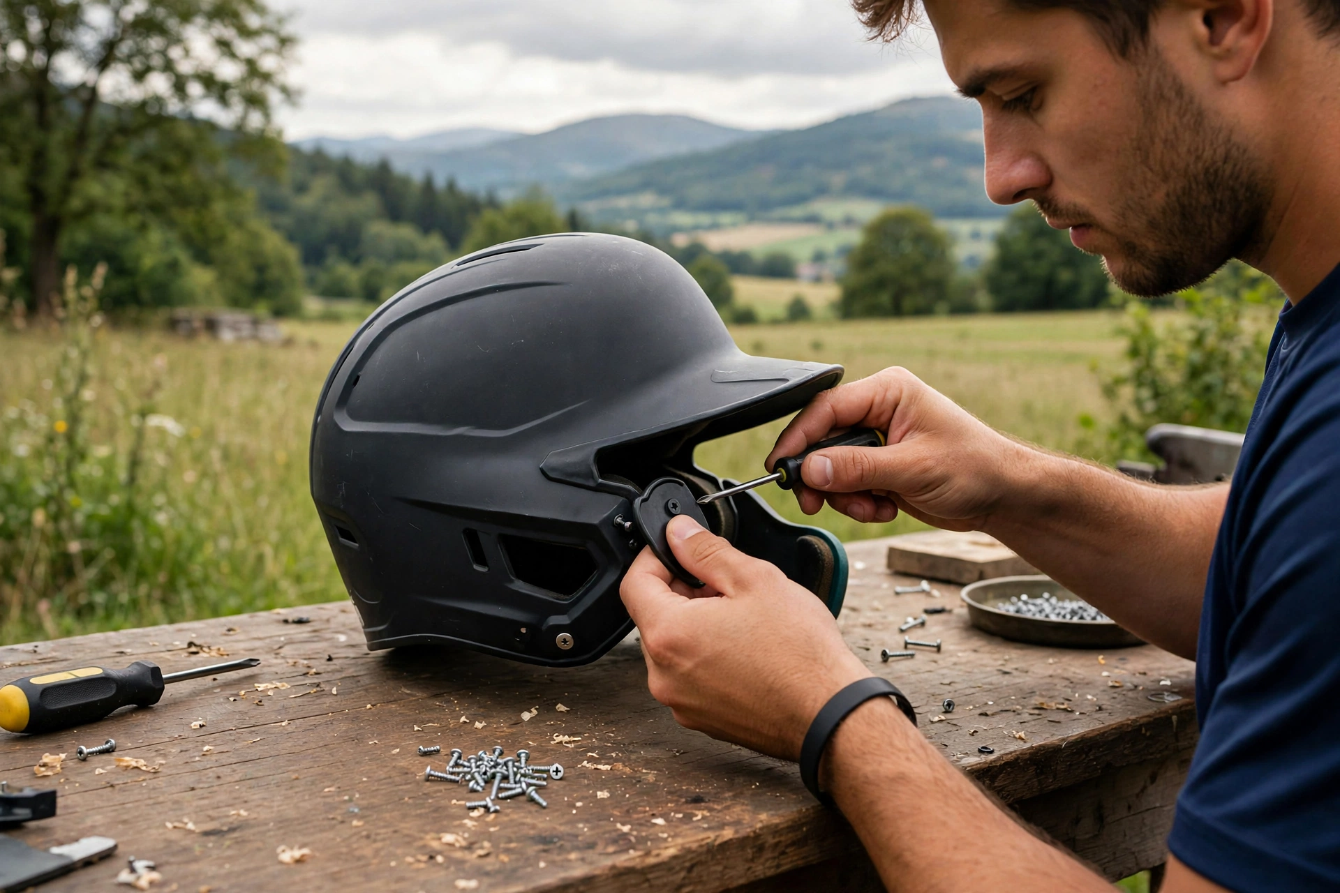 Attaching a jaw guard to a batting helmet using the mounting holes and screws