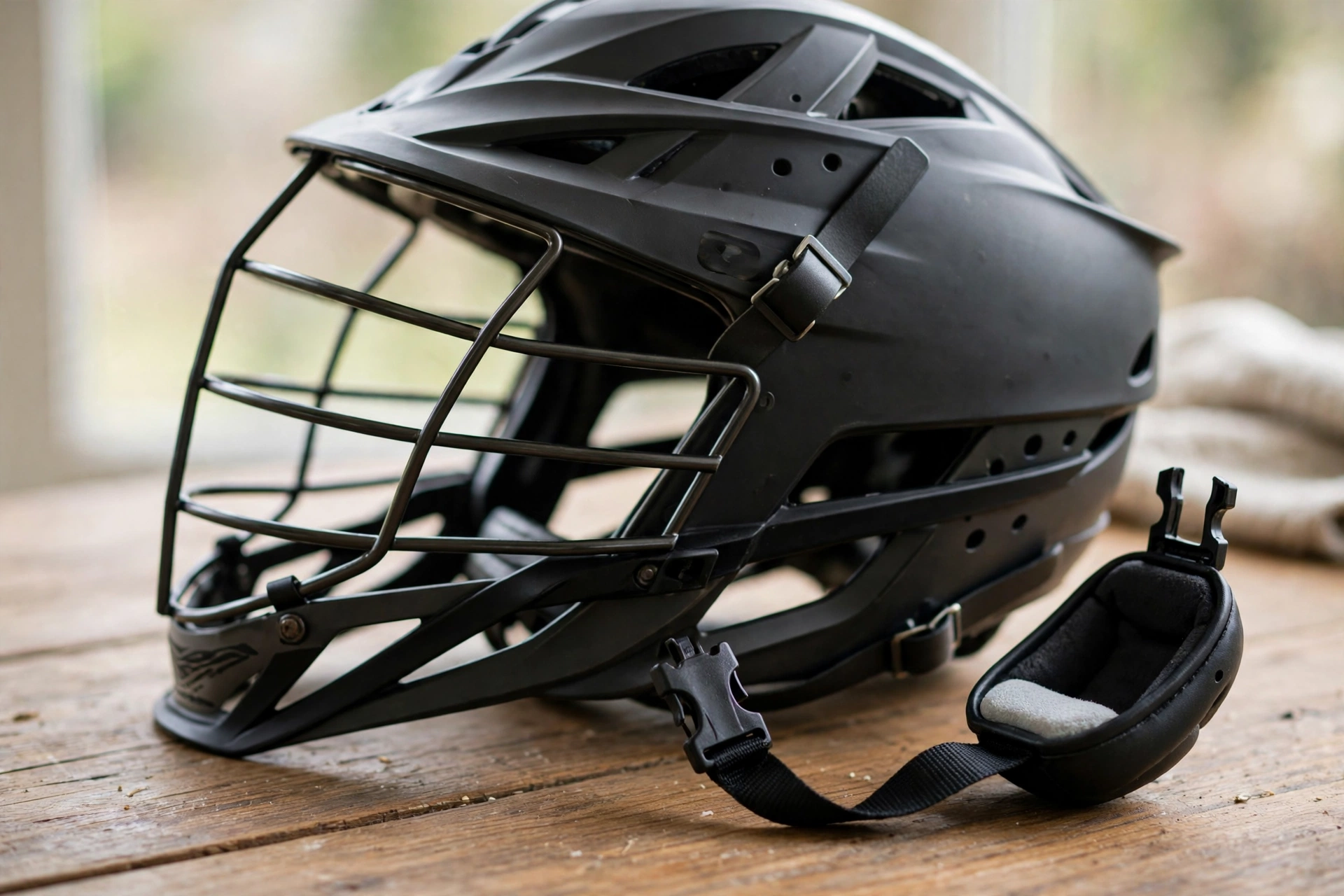 Removing the old chin strap from a lacrosse helmet before fitting a replacement