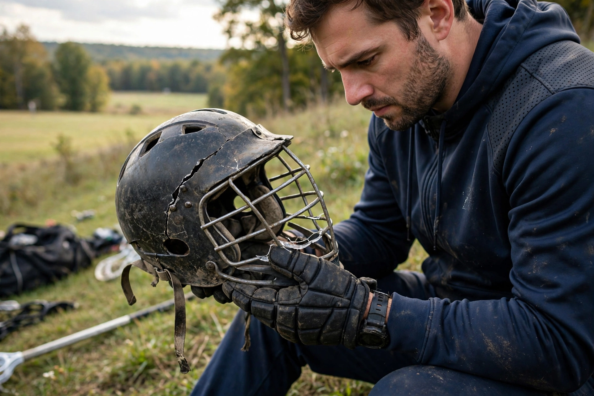 Inspecting a lacrosse helmet for cracks and damage to decide when to replace it