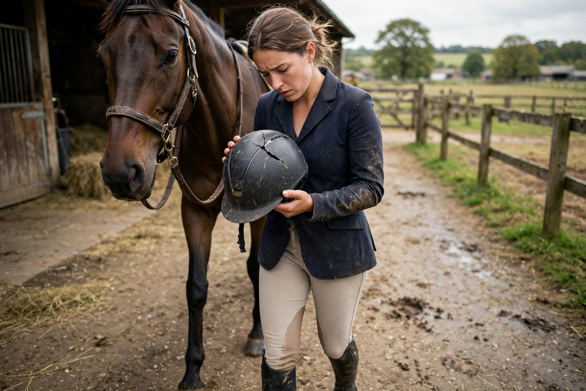 rider inspecting a riding helmet for hidden damage after a fall