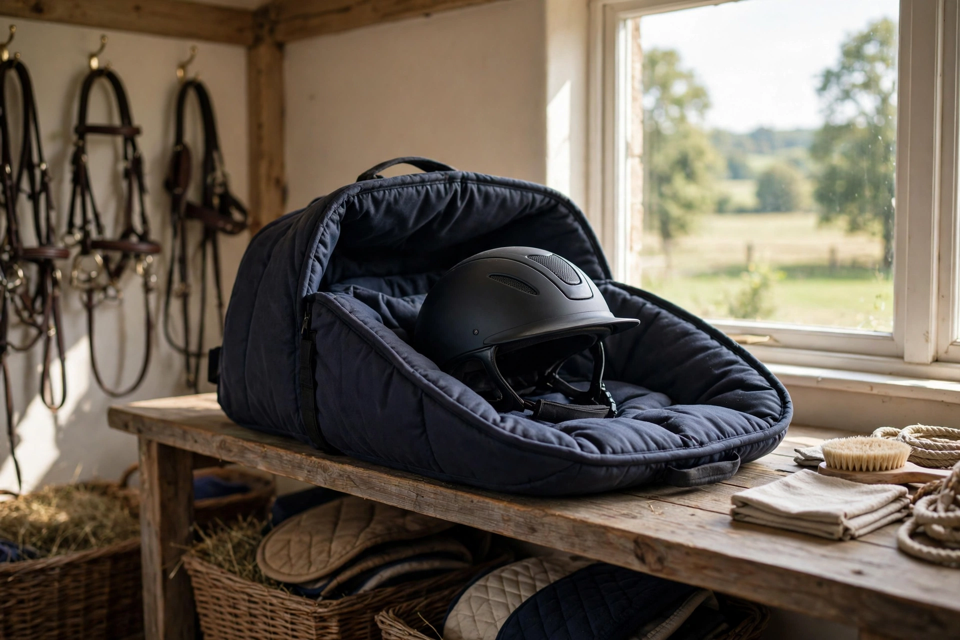 how to store an equestrian helmet in a padded bag in a tack room