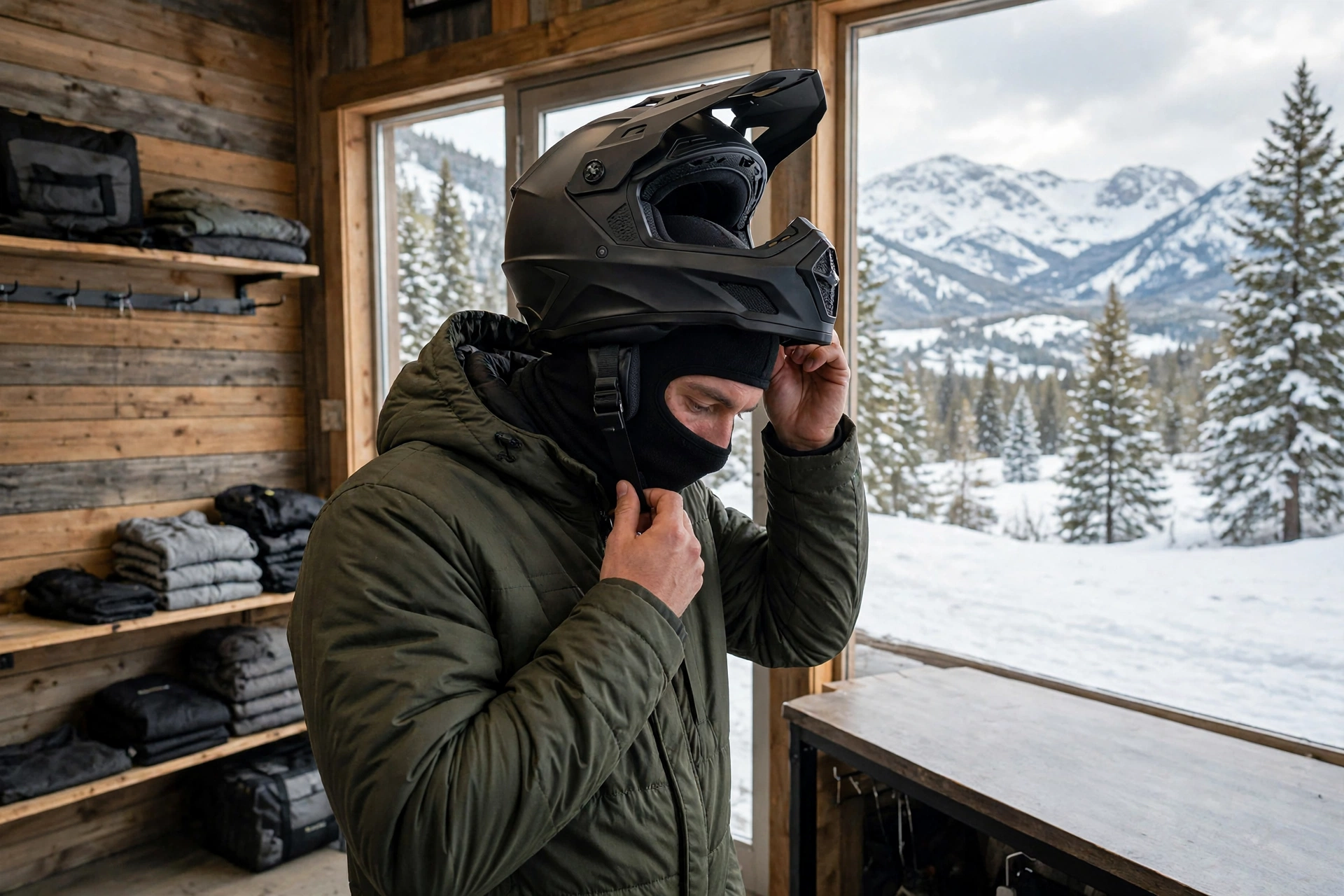 fitting a snowmobile helmet while wearing a balaclava