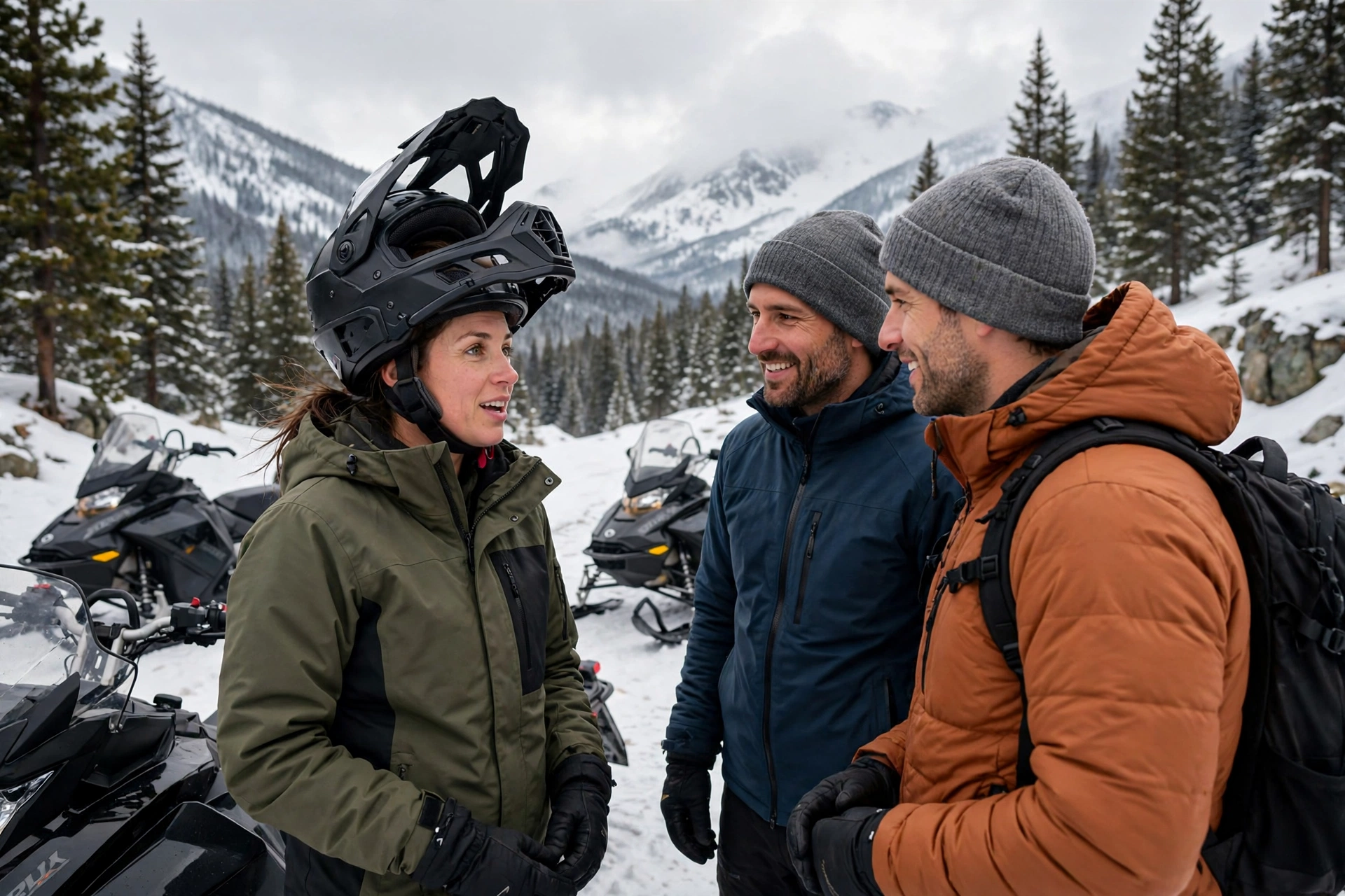 modular vs full face snowmobile helmet difference at a trail stop