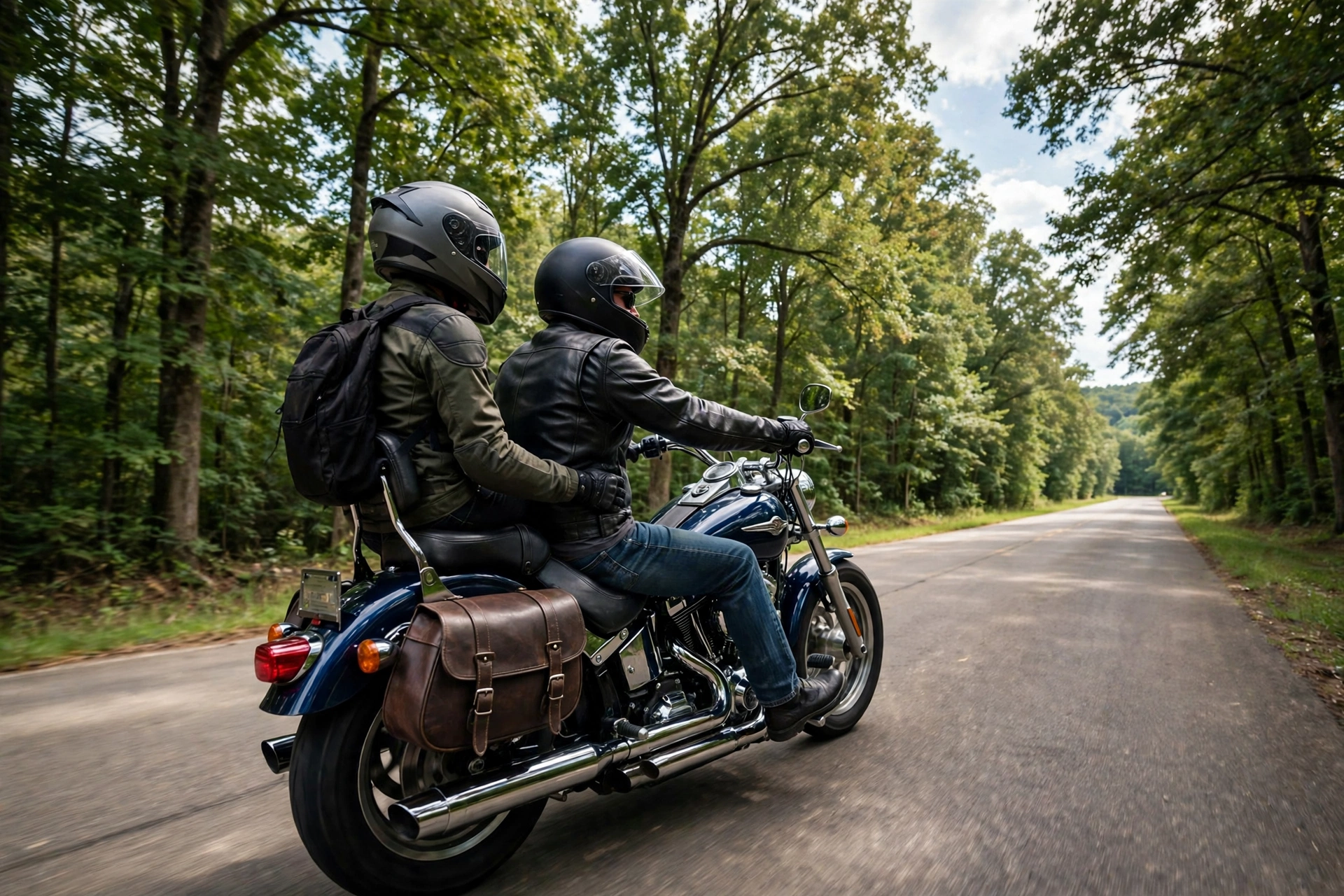 Motorcycle passenger wearing an approved helmet riding in Arkansas
