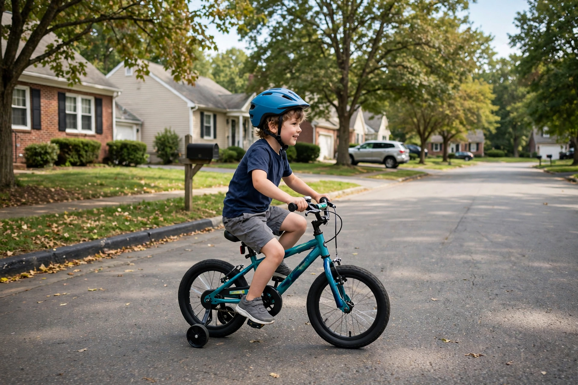 Child riding a bicycle wearing a helmet in Pennsylvania