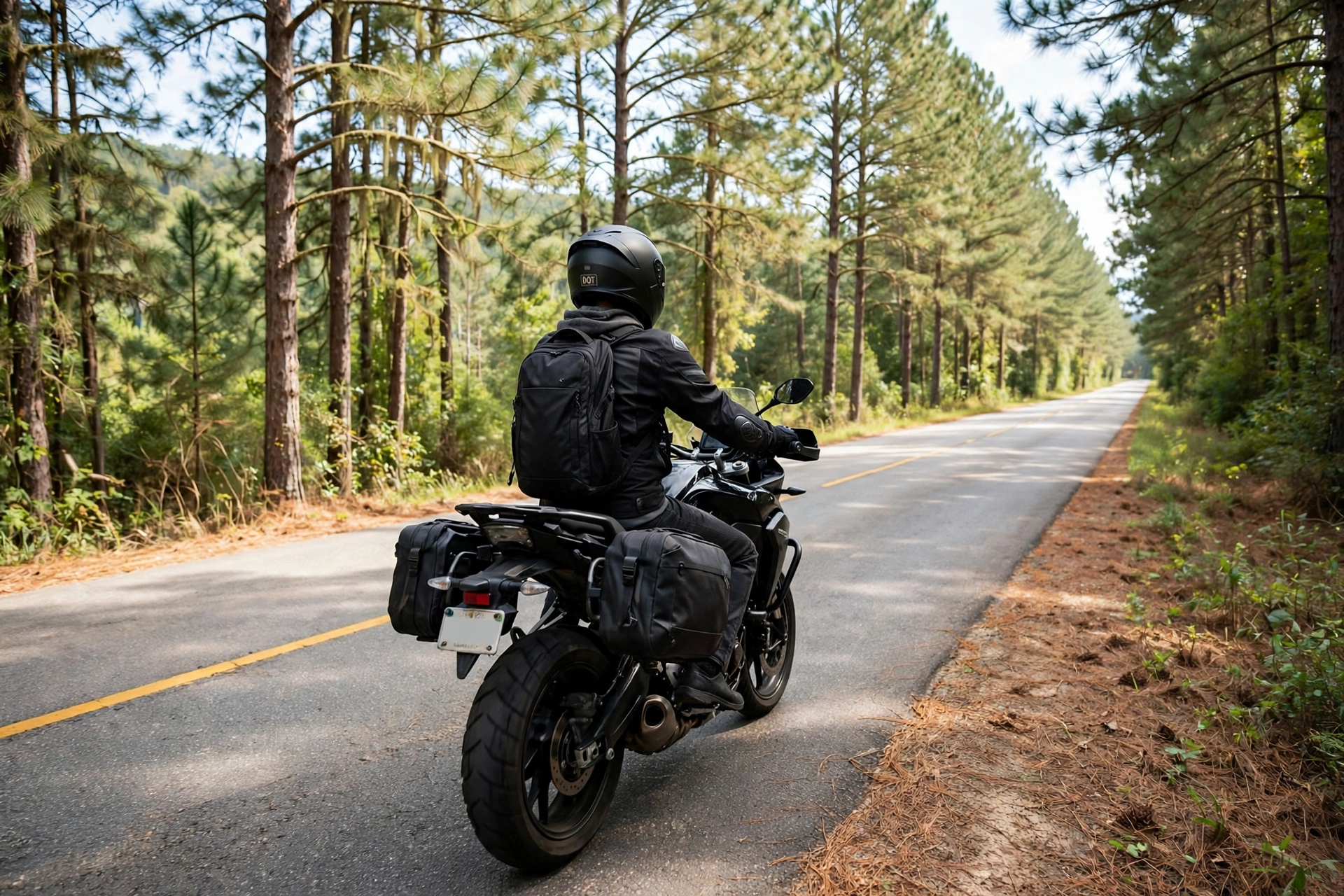 Motorcycle rider wearing a DOT helmet on a Georgia road