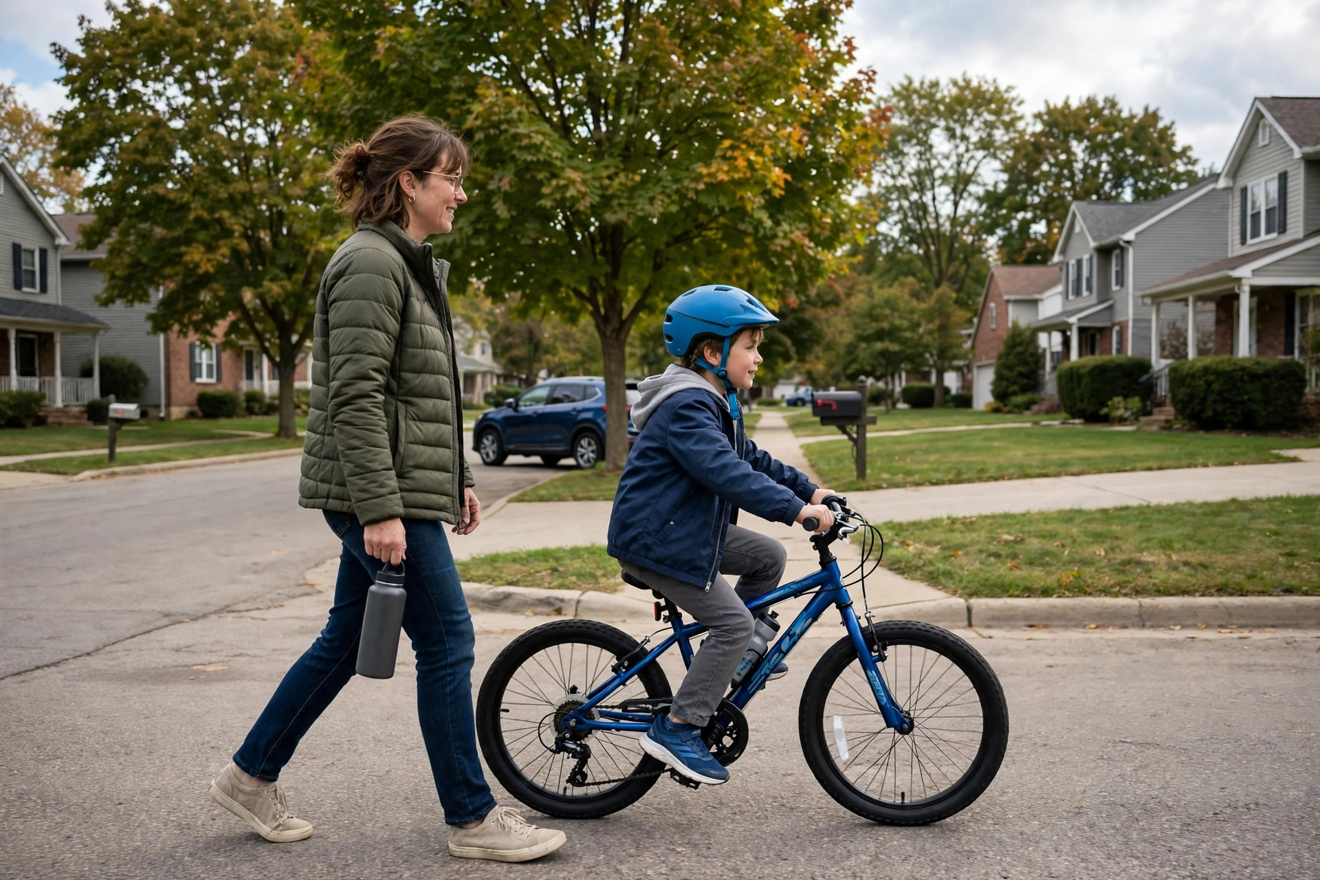 Child wearing a properly fitted bicycle helmet riding in an Illinois neighborhood
