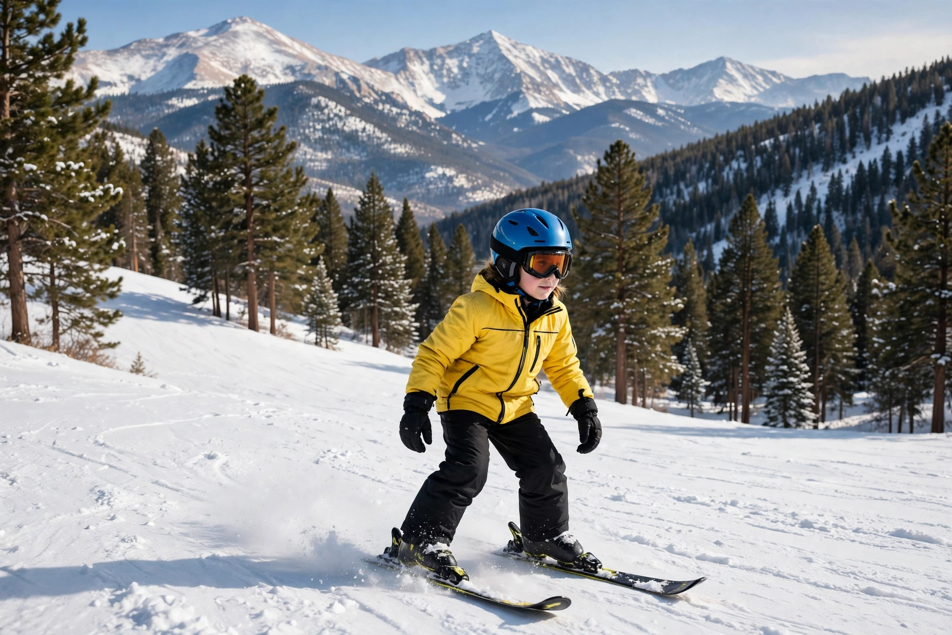 Child skier wearing a helmet and goggles on a Colorado ski slope