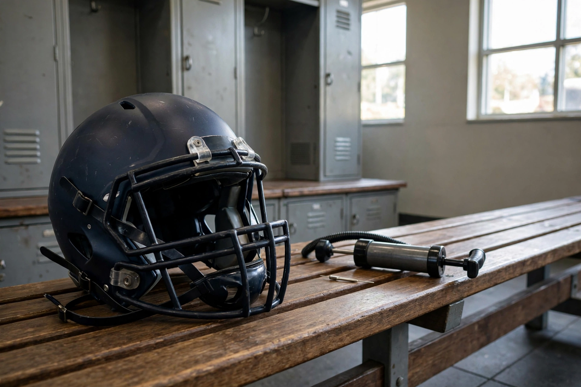 Football helmet with a hand pump ready for air bladder adjustment