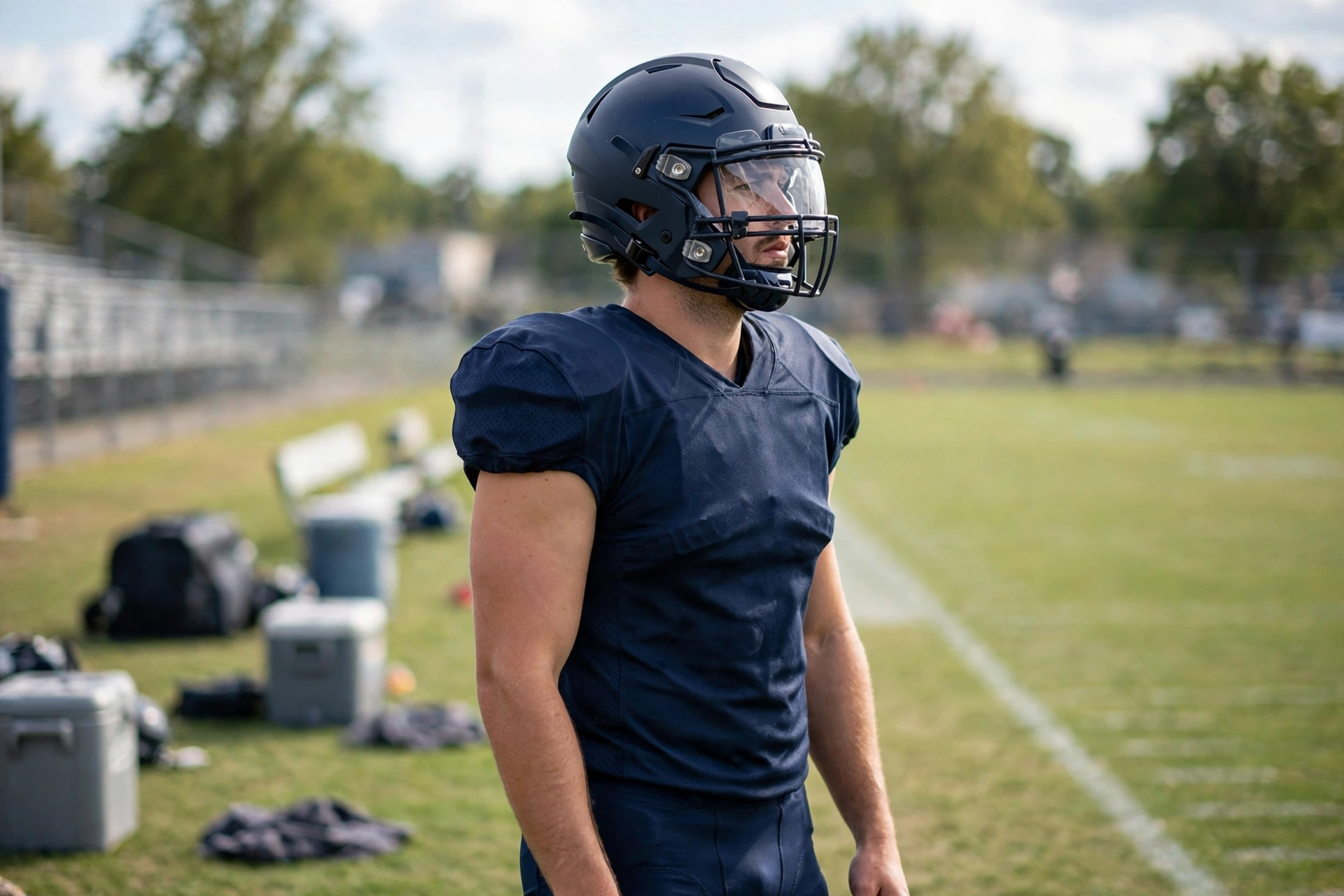 Football player wearing a helmet fitted with a clear visor