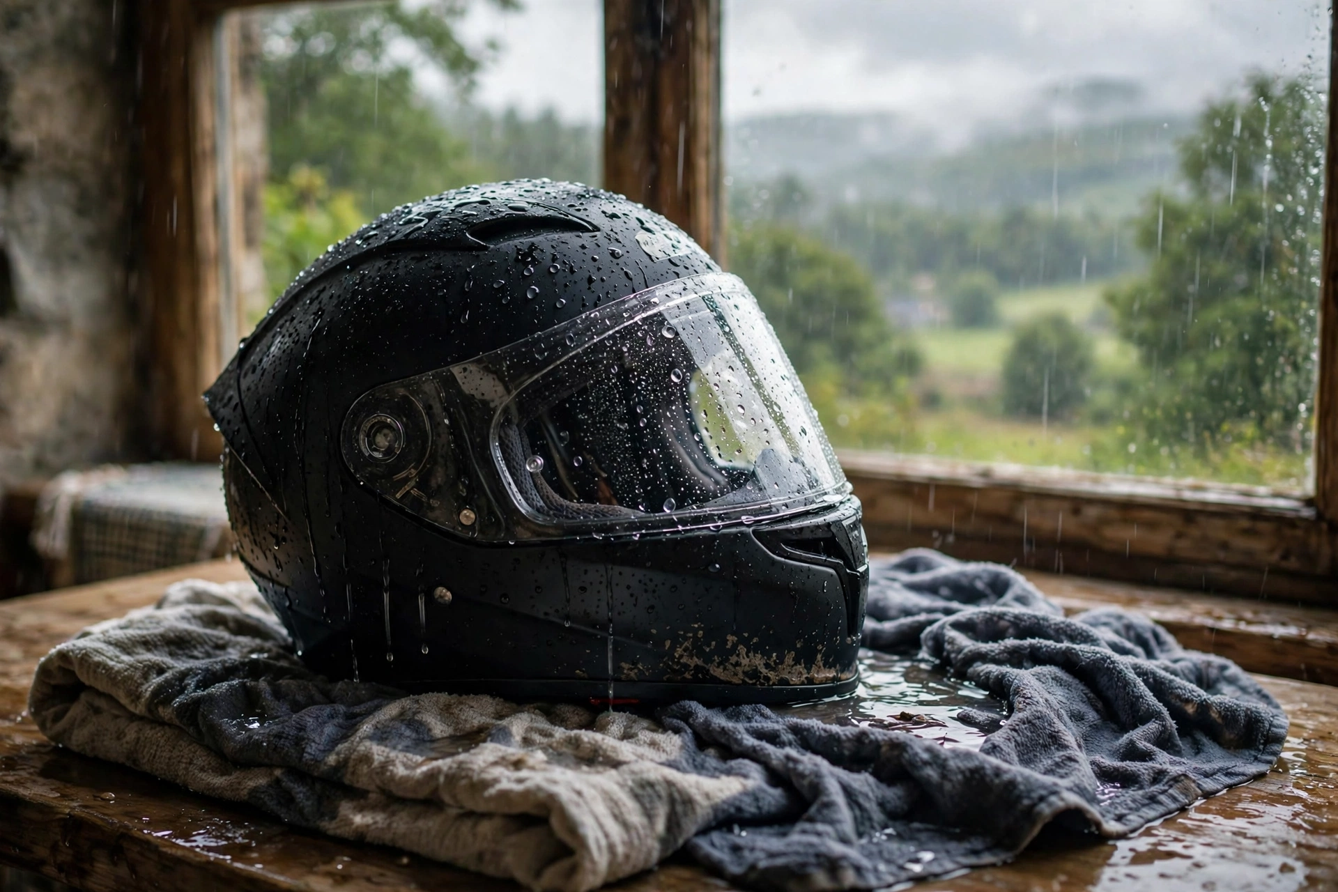 Soaked motorcycle helmet on a towel indoors after a rainy ride