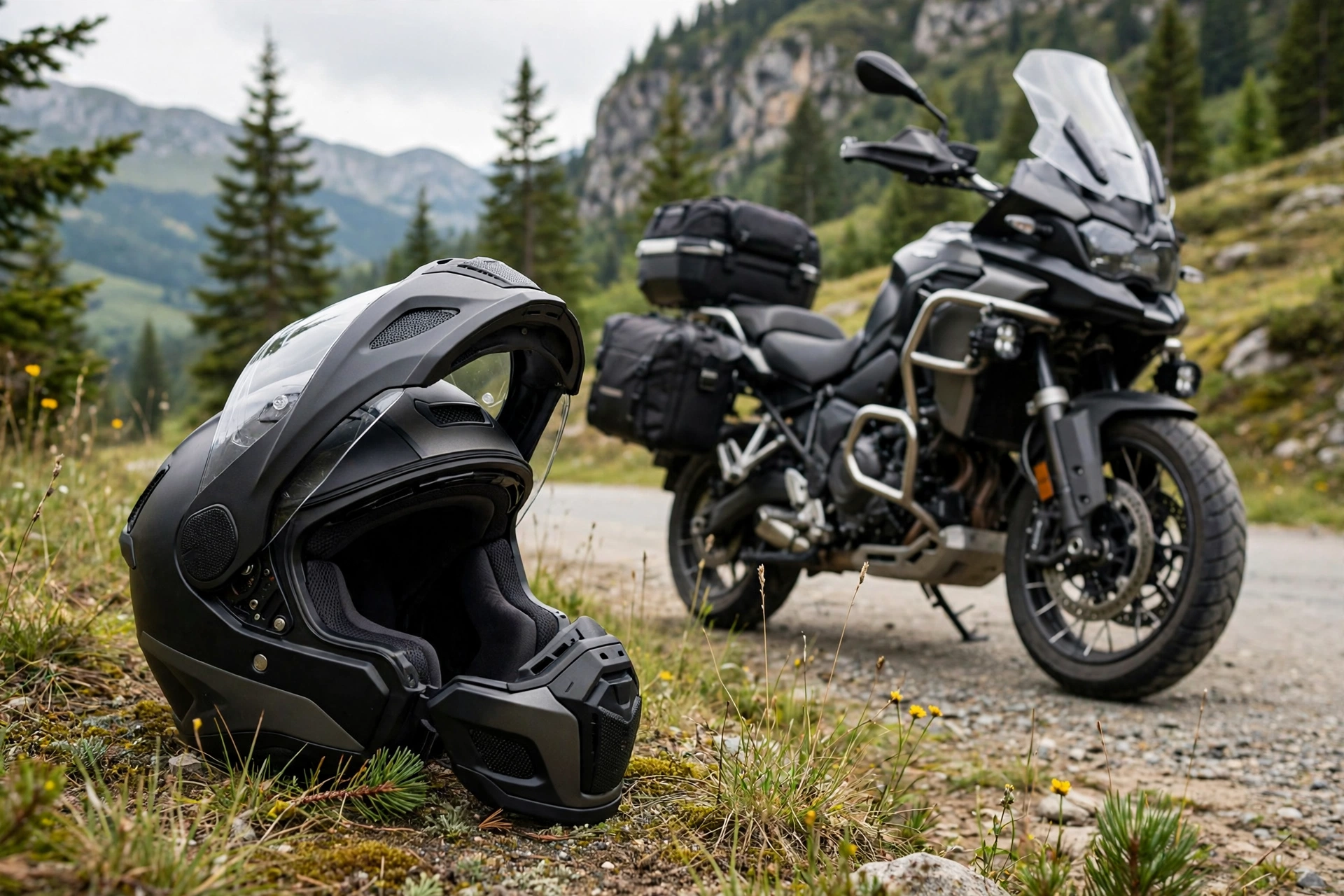 Modular flip-up motorcycle helmet with chin bar raised beside a touring bike