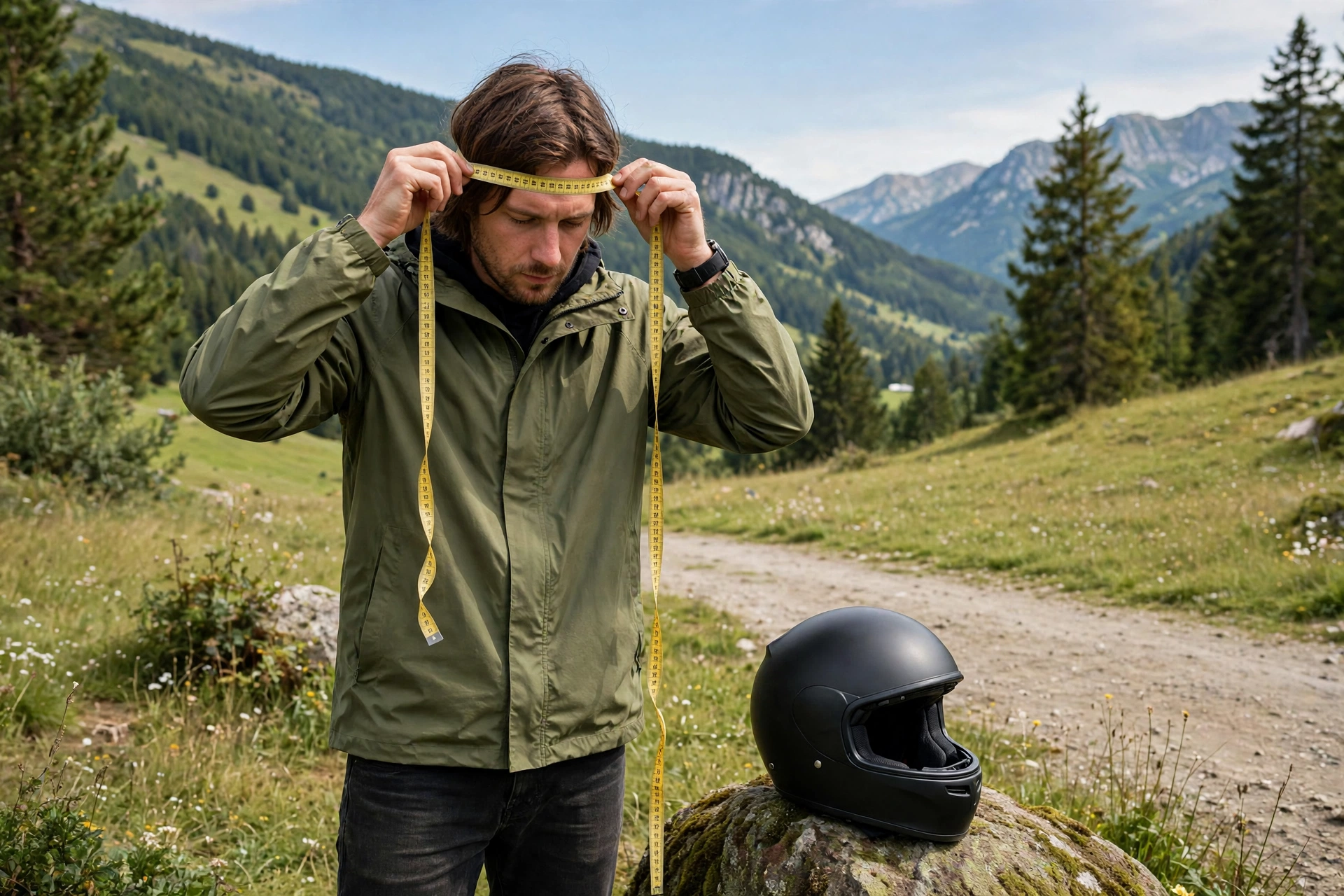 Rider measuring head size before buying a motorcycle helmet