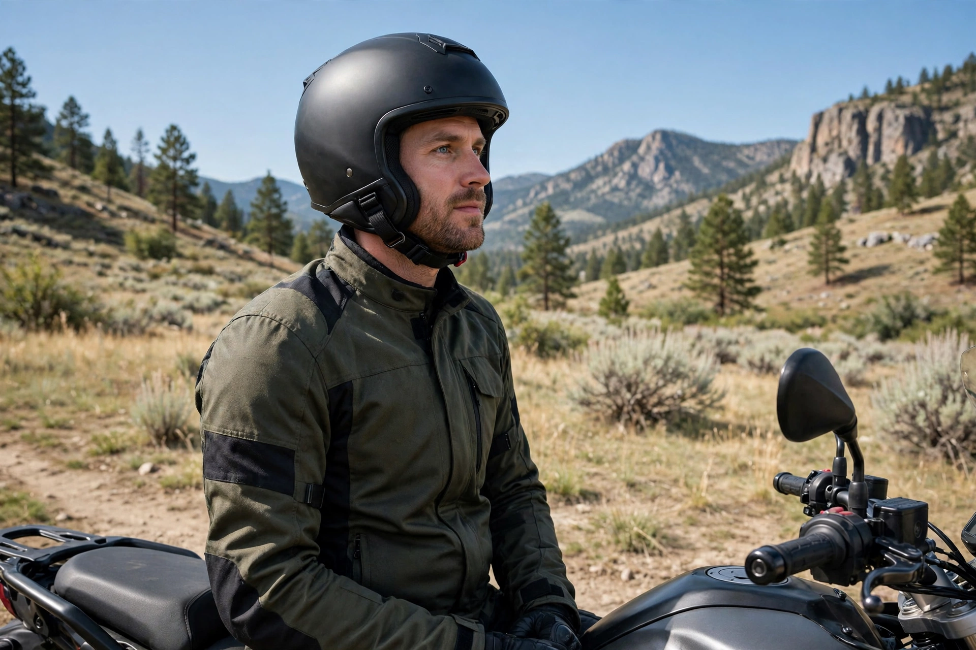 Motorcyclist wearing a helmet level with the chin strap fastened snugly