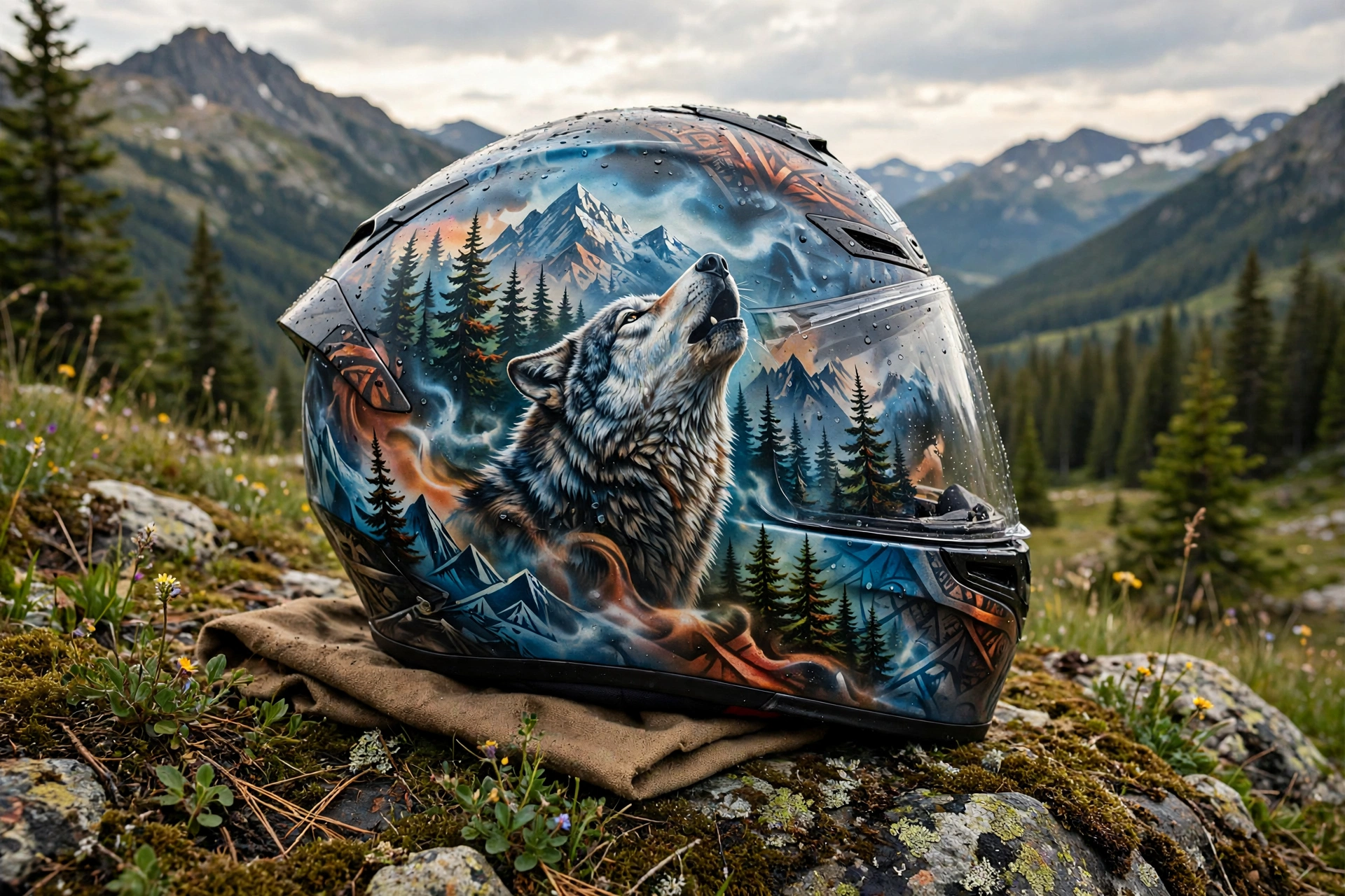 Custom painted motorcycle helmet with airbrushed artwork