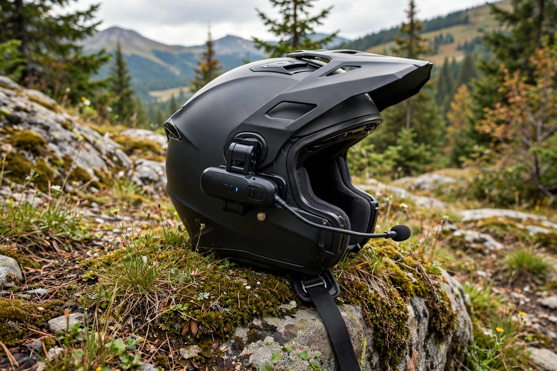 Bluetooth headset unit mounted on the side of a motorcycle helmet