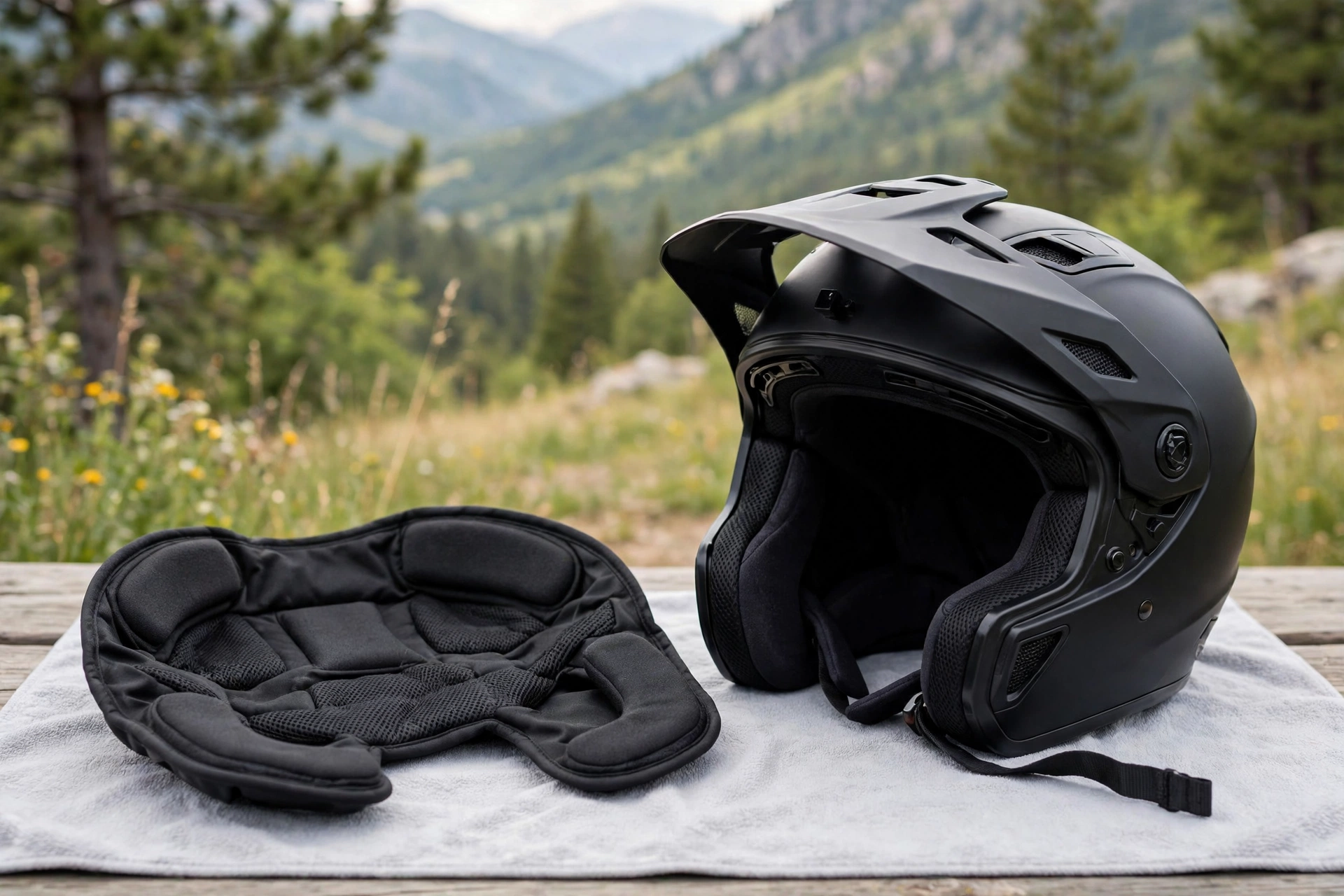 Motorcycle helmet with its removable liner taken out ready for washing