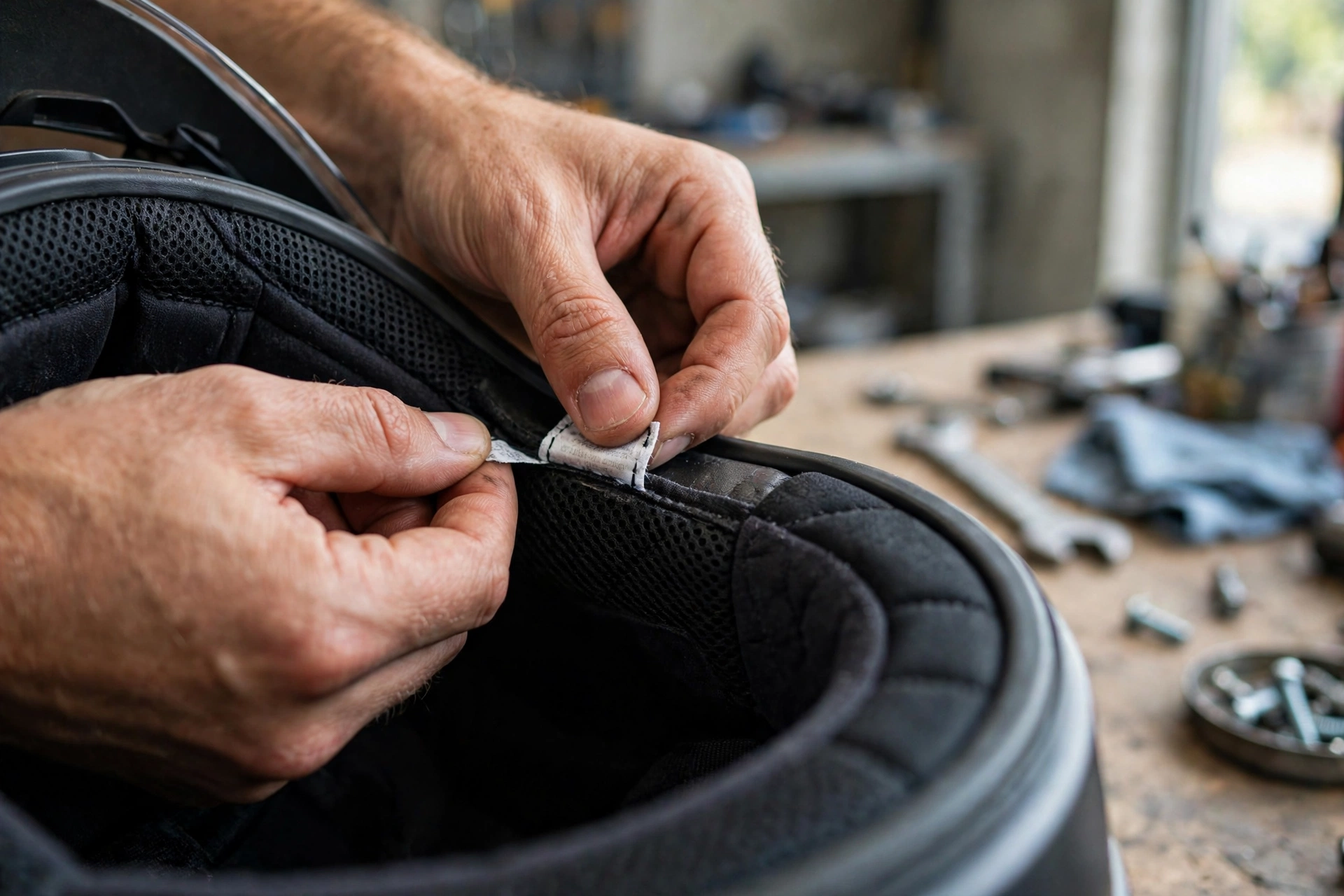 Motorcycle helmet with a manufacture date label being checked inside the liner