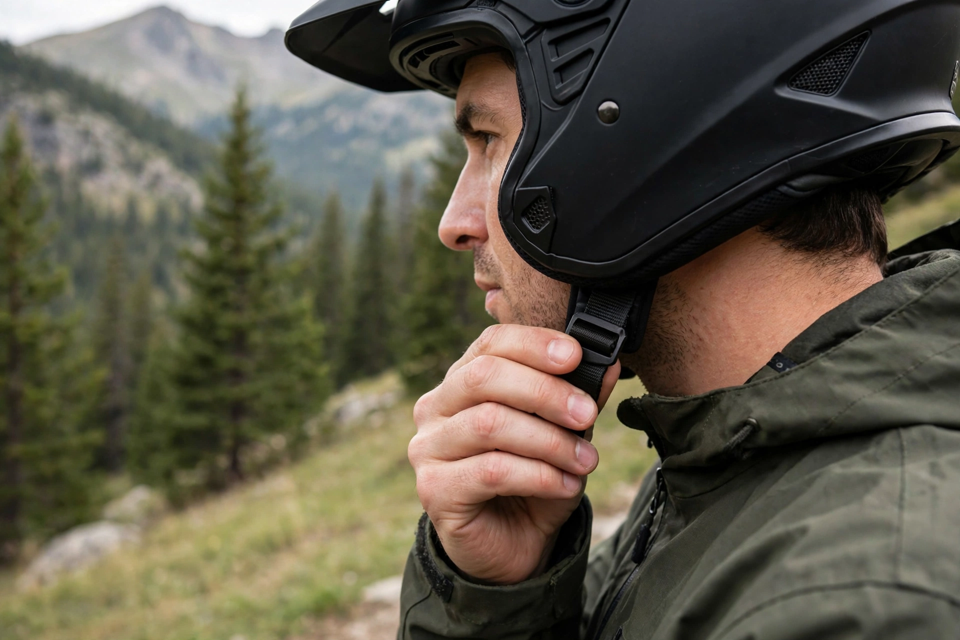 Rider fastening a motorcycle helmet chin strap under the jaw