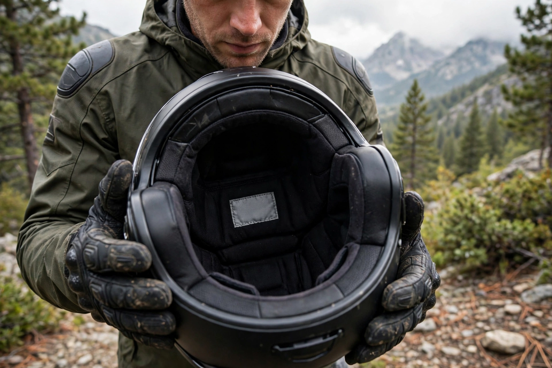 Rider checking the manufacture date label inside a motorcycle helmet