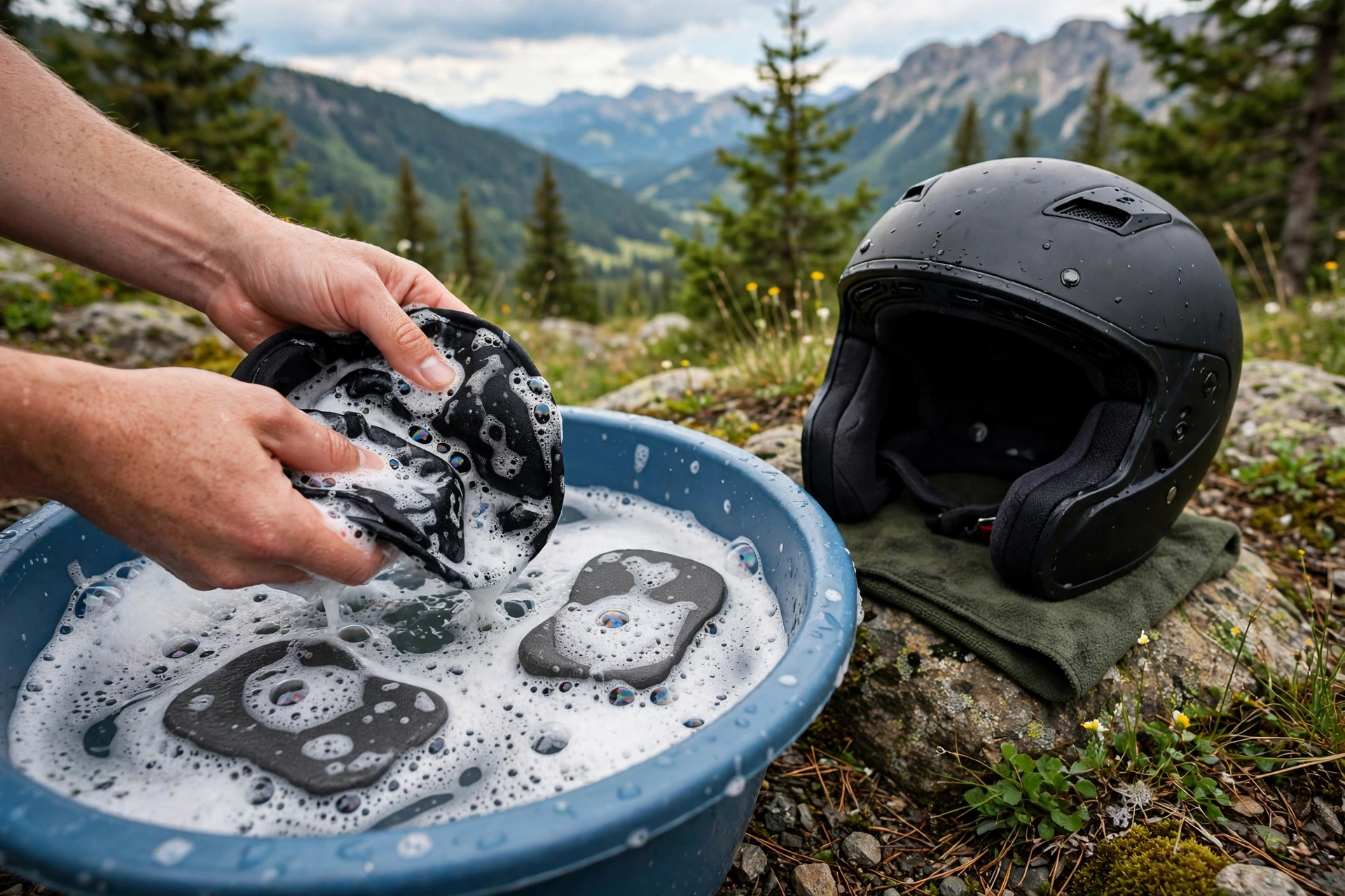 Removable motorcycle helmet liner and cheek pads being hand washed in a basin