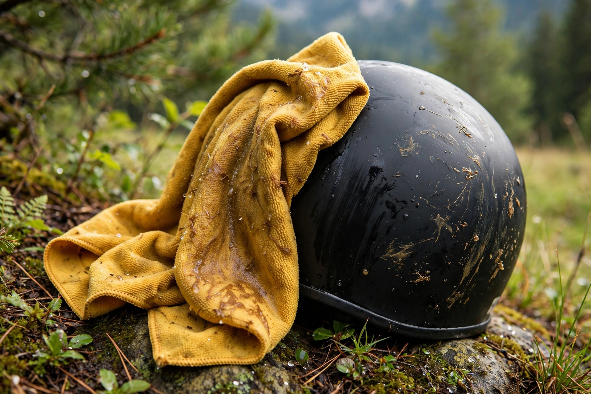 Warm wet microfiber cloth soaking bug splatter off a motorcycle helmet
