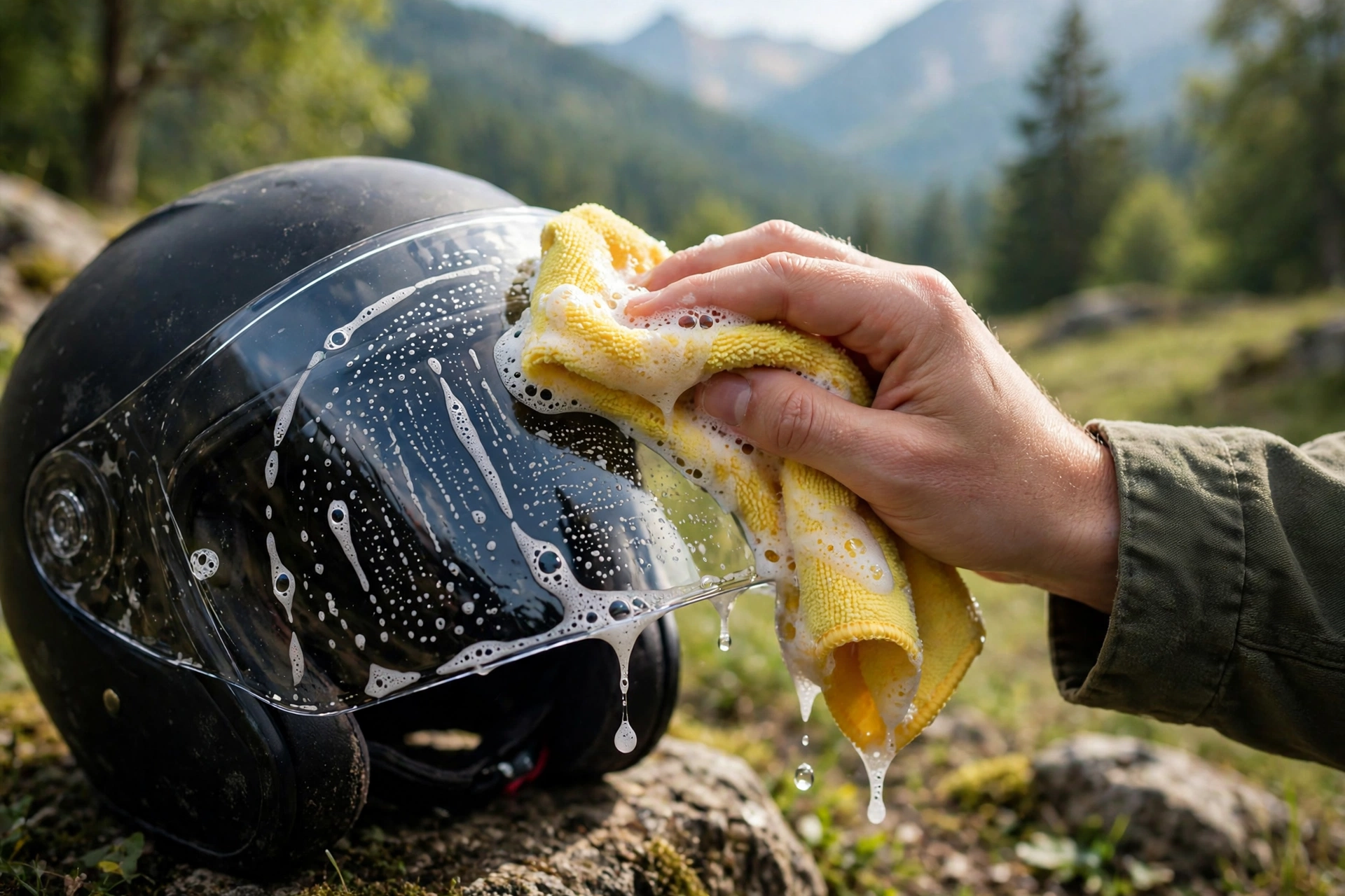 Motorcycle helmet visor being cleaned gently with a microfiber cloth and soapy water