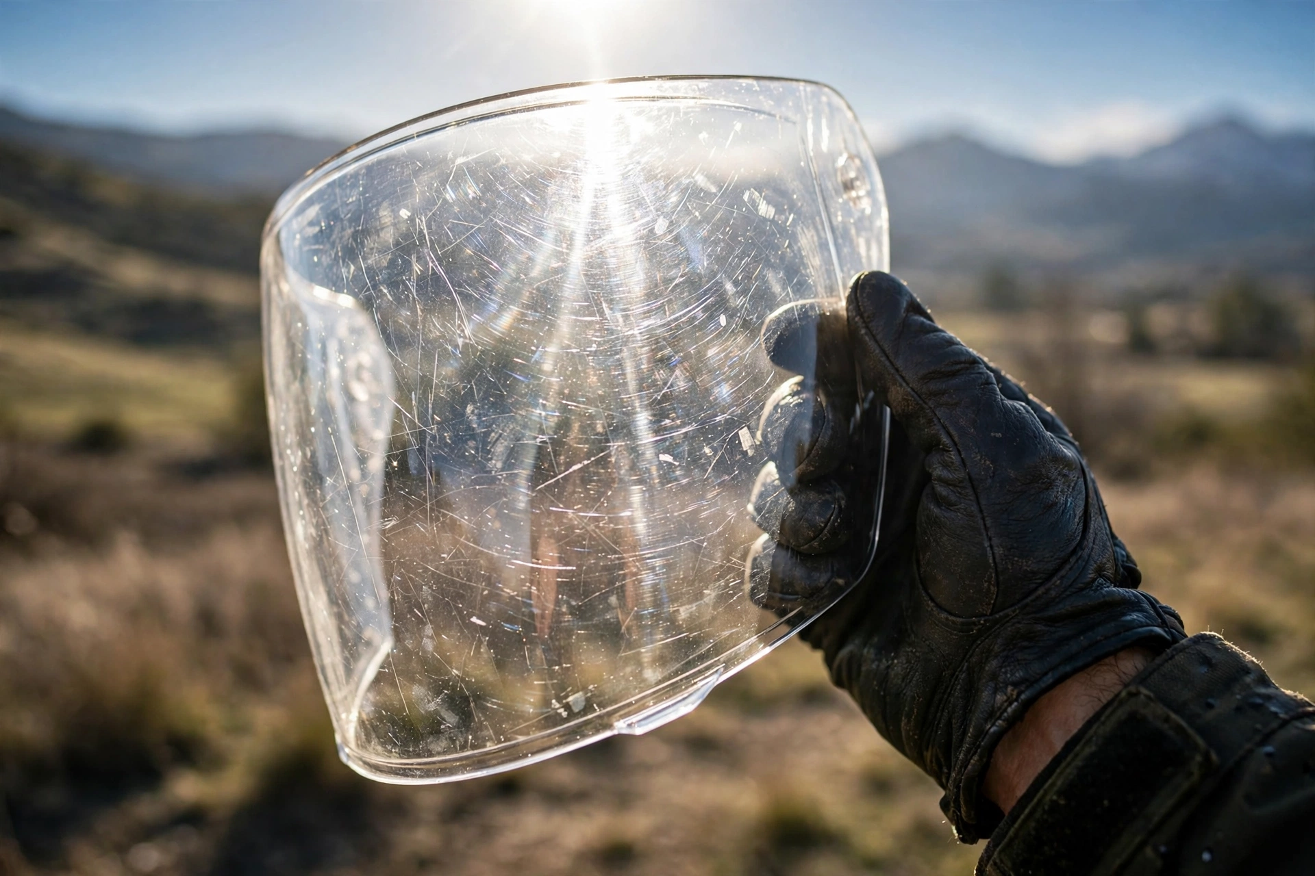 Scratched motorcycle helmet visor held up against the light by a rider