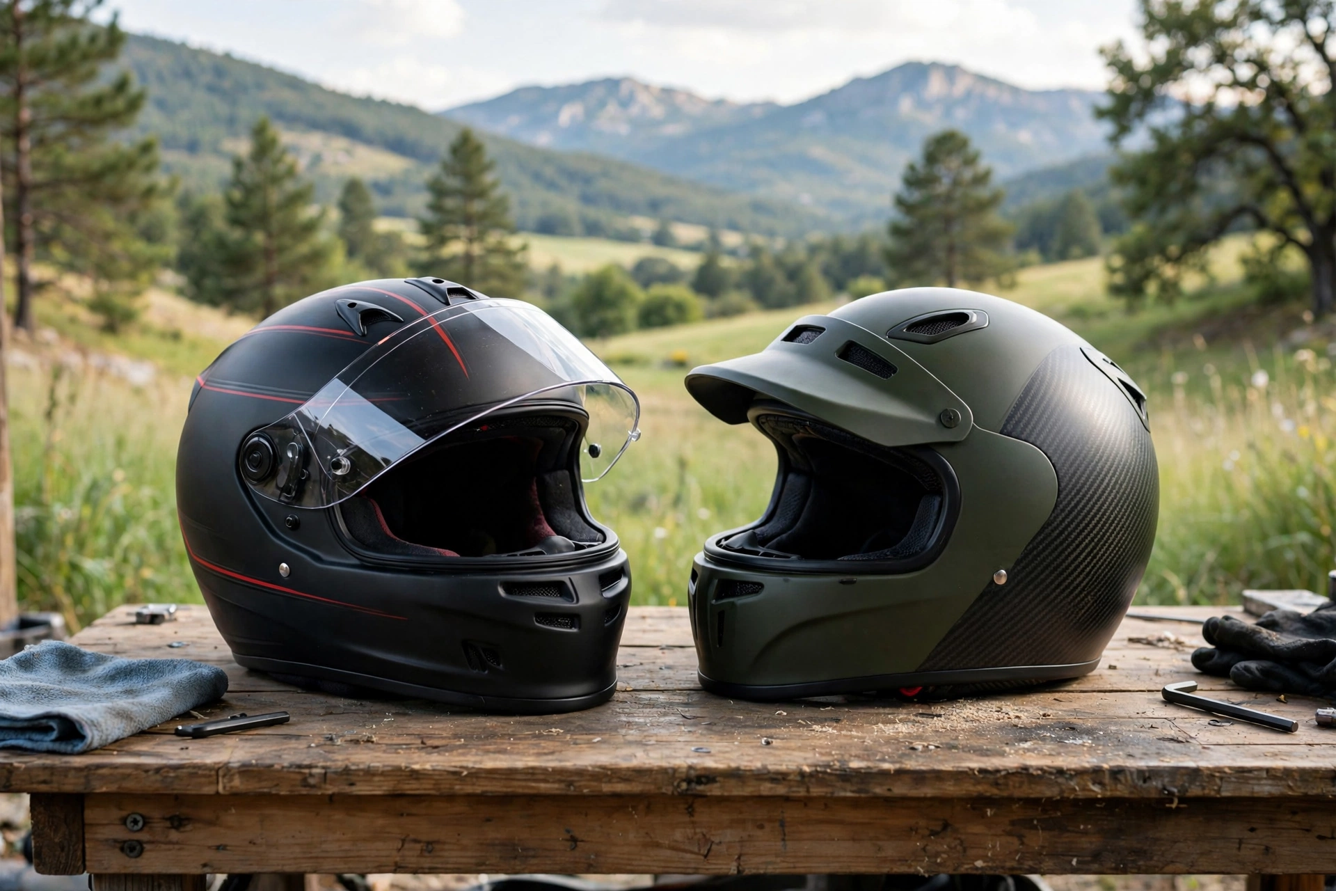 Car racing helmet and motorcycle helmet compared side by side on a workbench