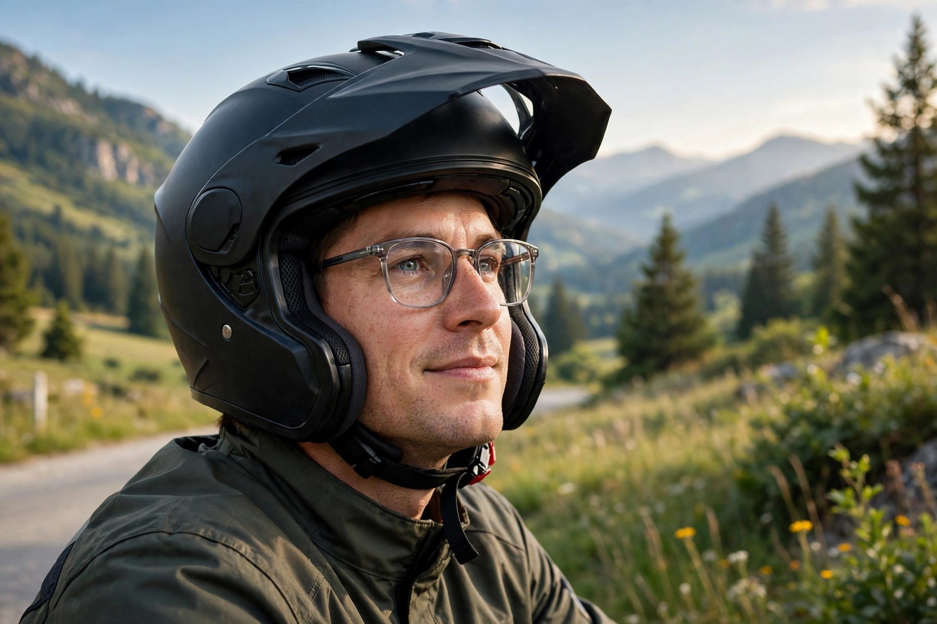 Rider wearing eyeglasses comfortably under a motorcycle helmet