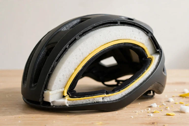 Bicycle helmet cutaway showing rotational impact protection layers inside the shell
