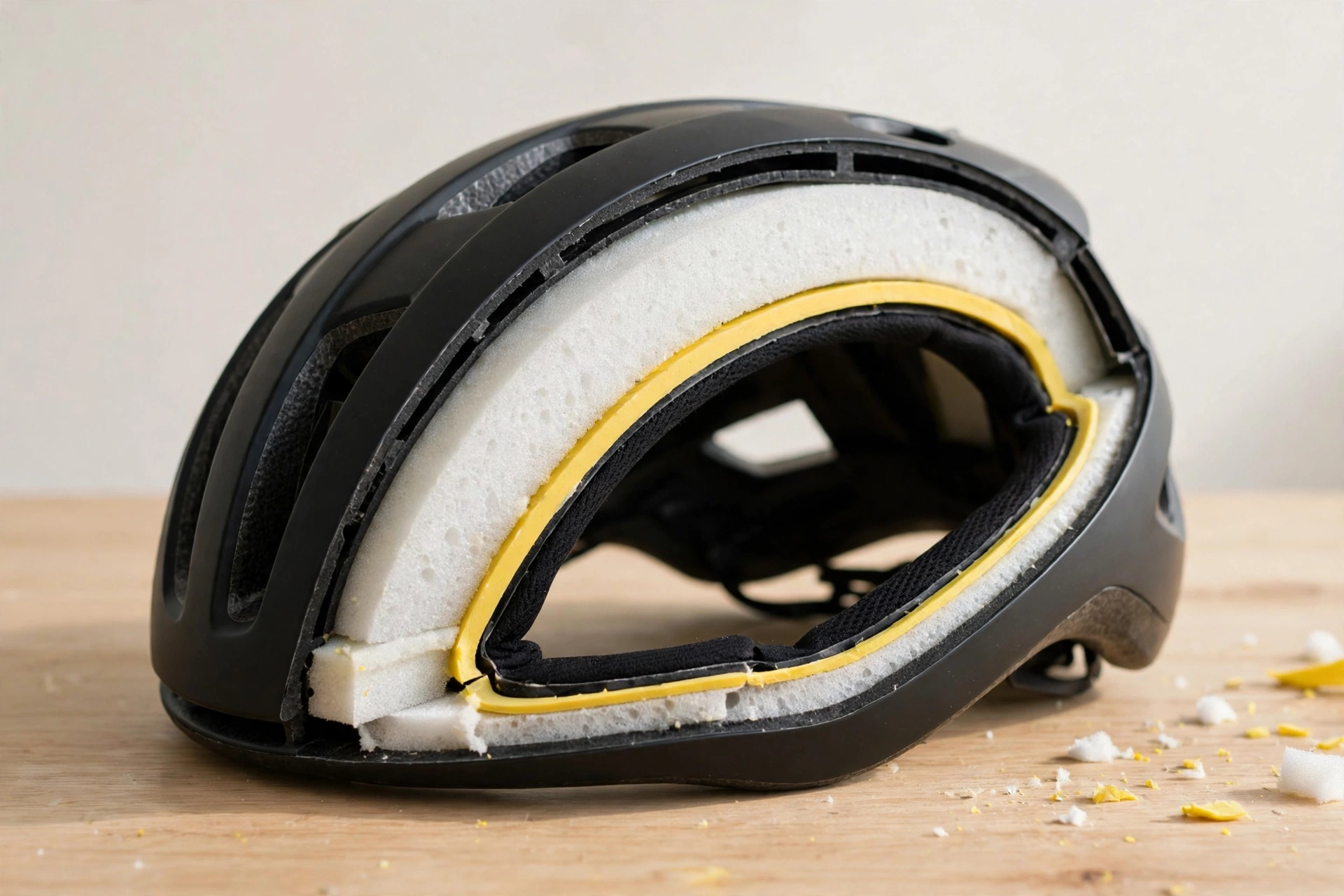 Bicycle helmet cutaway showing rotational impact protection layers inside the shell