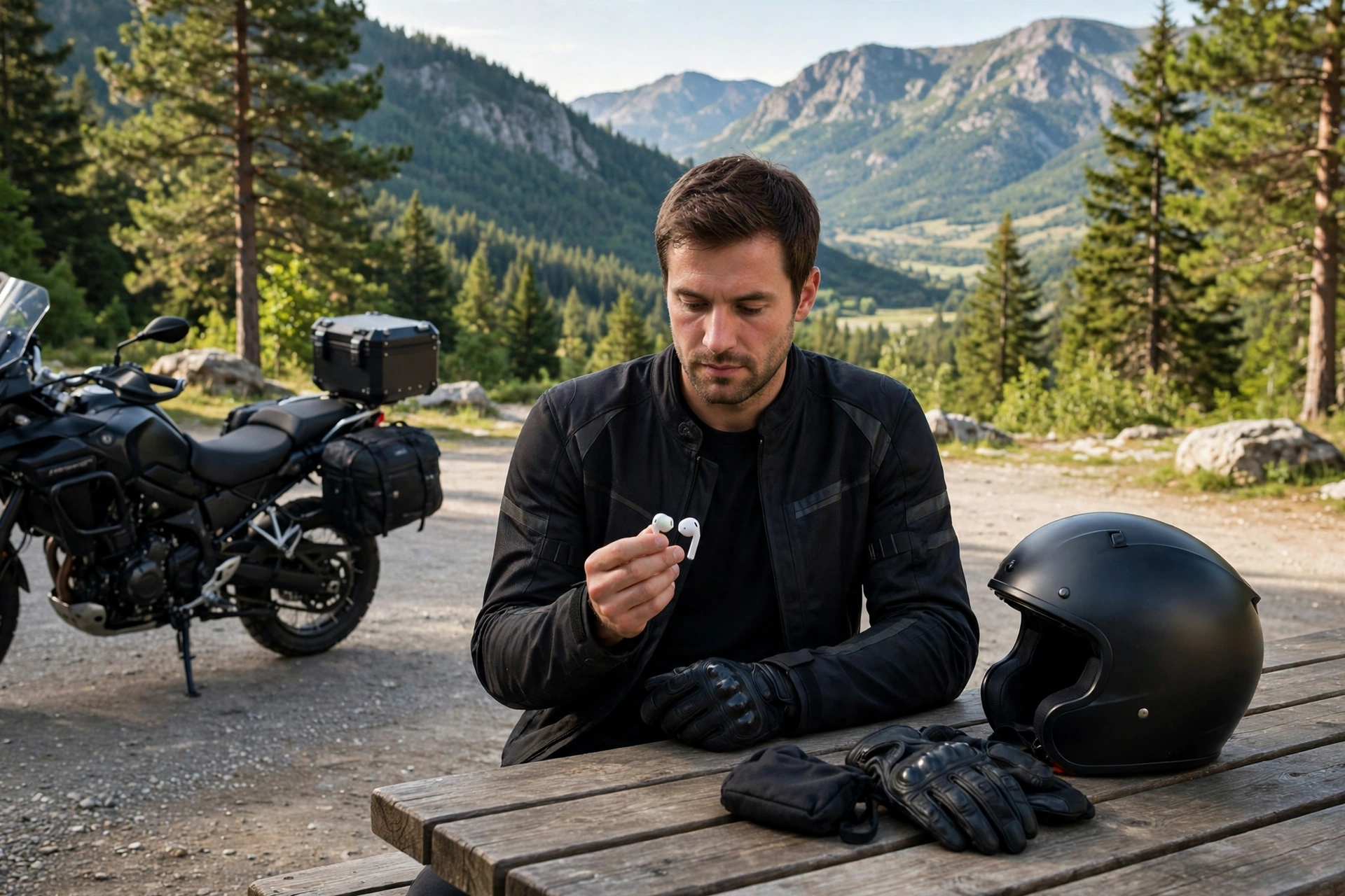 Motorcycle rider holding earbuds beside a helmet at a rest stop