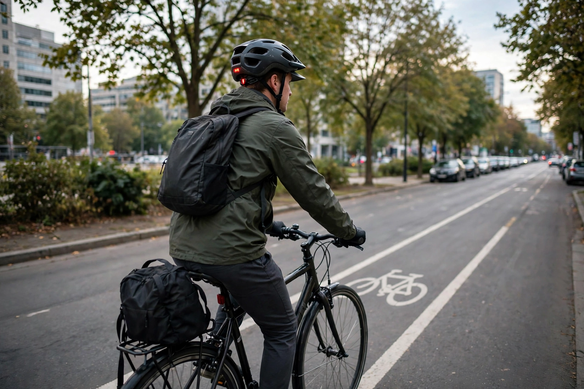City commuter wearing a certified urban bike helmet with a short visor and rear light in a bike lane