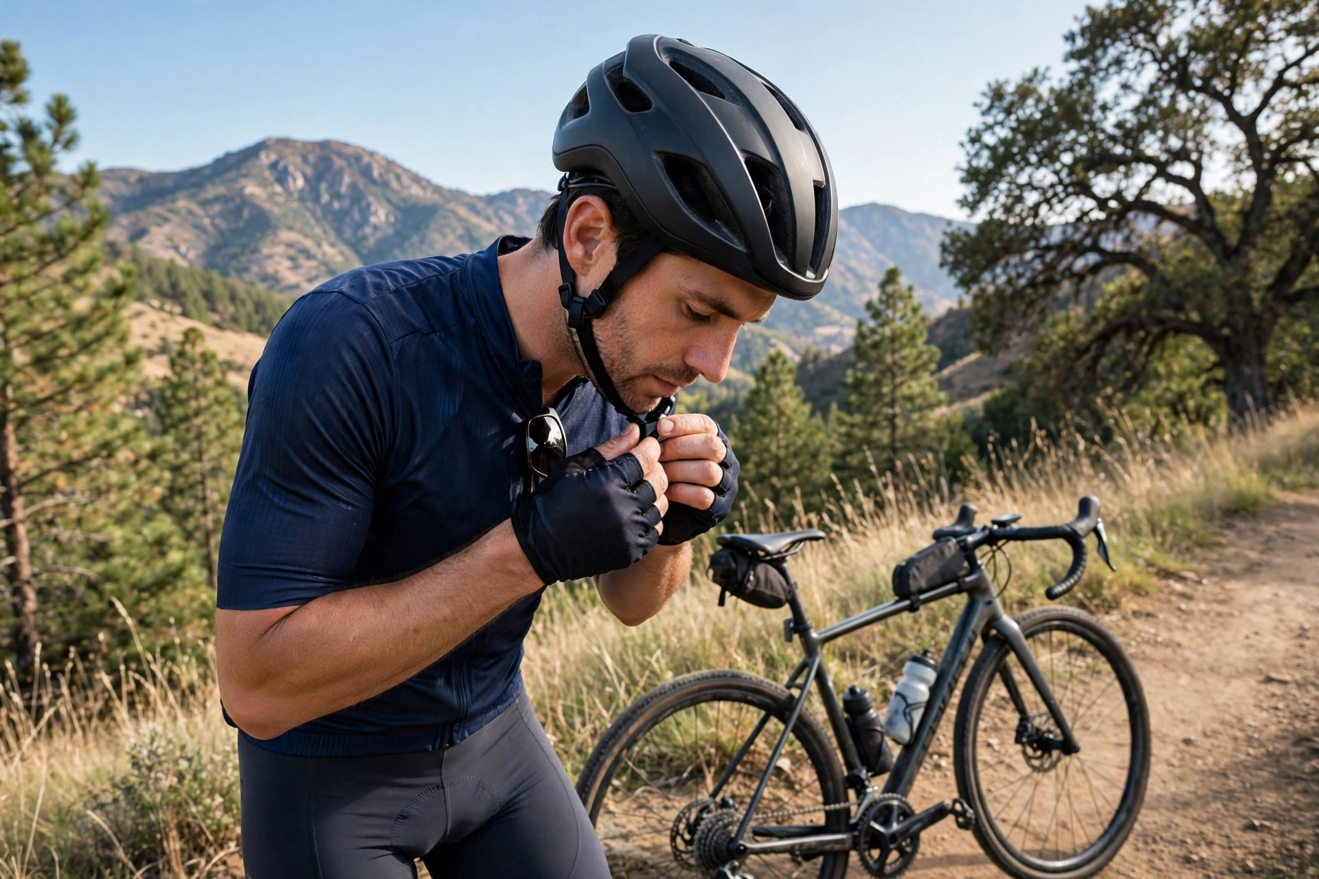 Cyclist checking bike helmet position and strap fit for a correct, level fit