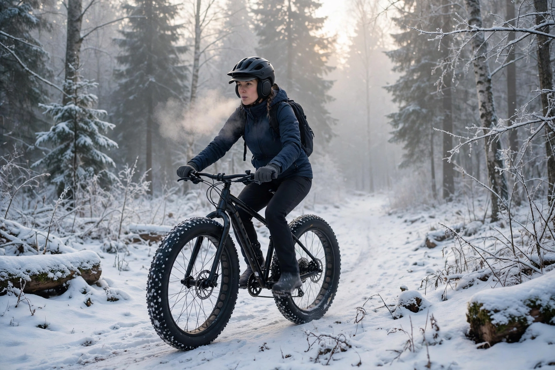 Cyclist in a winter cycling helmet with ear coverage riding a fat bike on a snowy trail