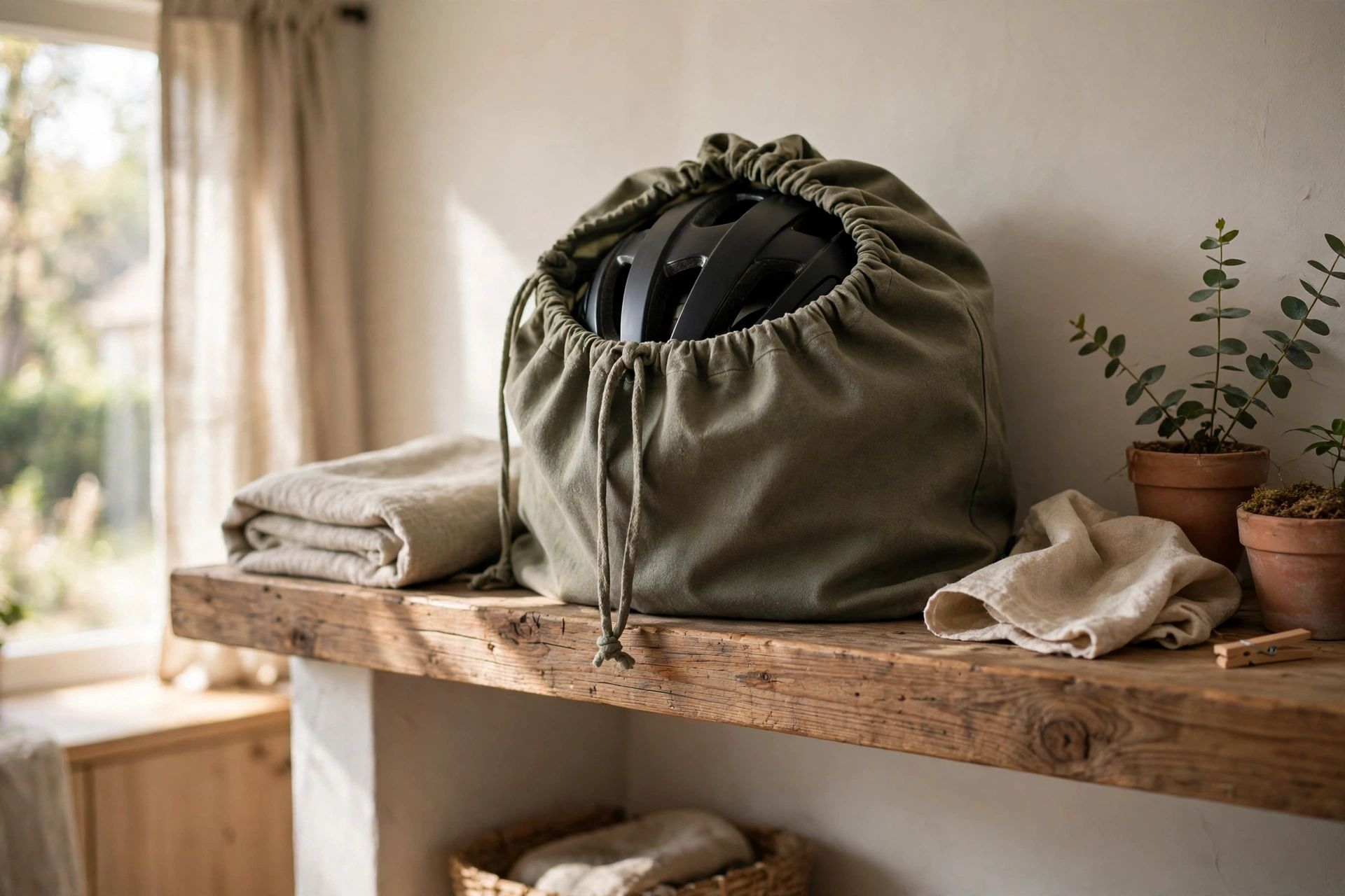 Bike helmet stored in a protective bag on an indoor shelf