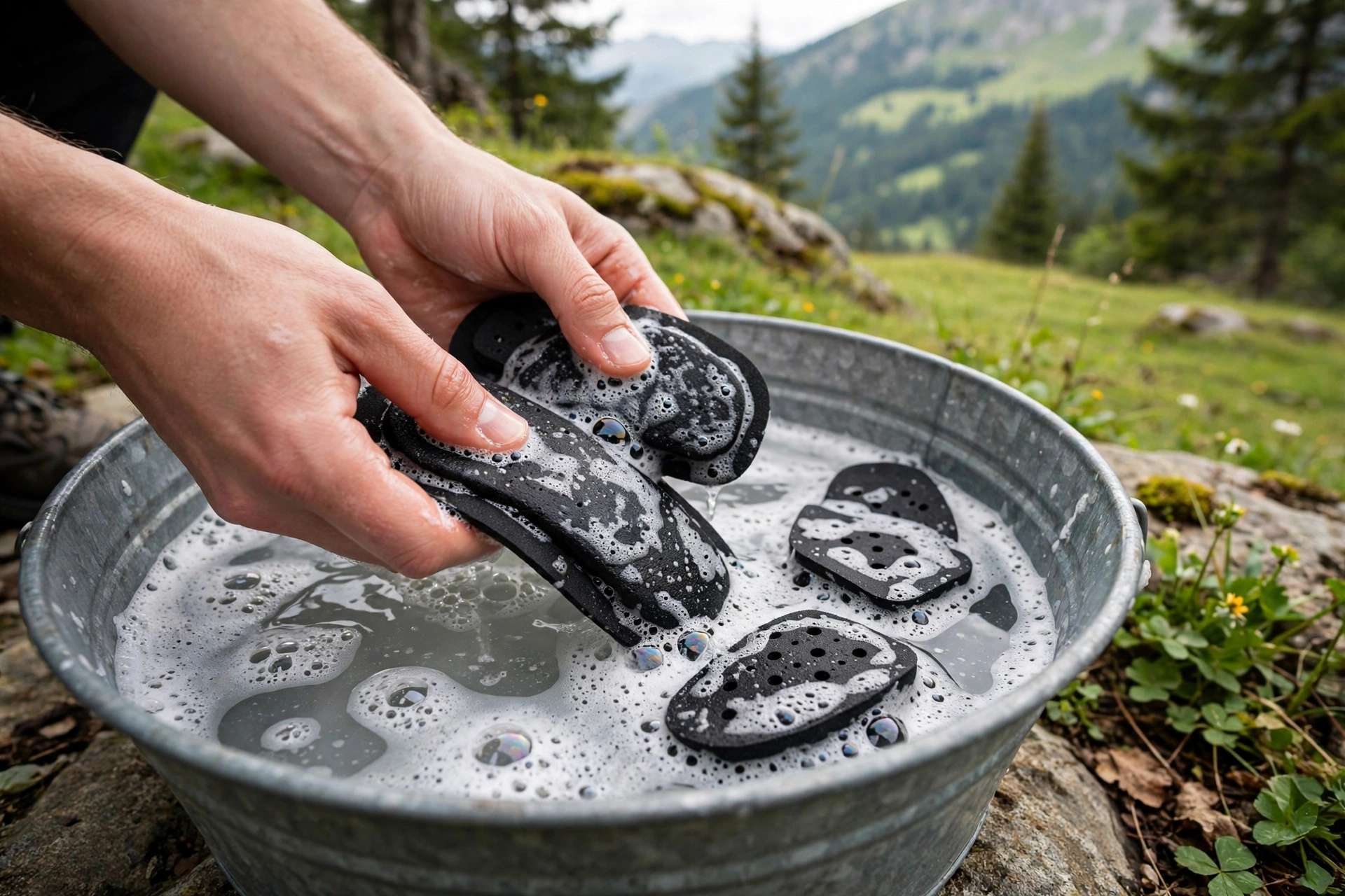 Hands washing removable bike helmet pads in a basin of soapy water