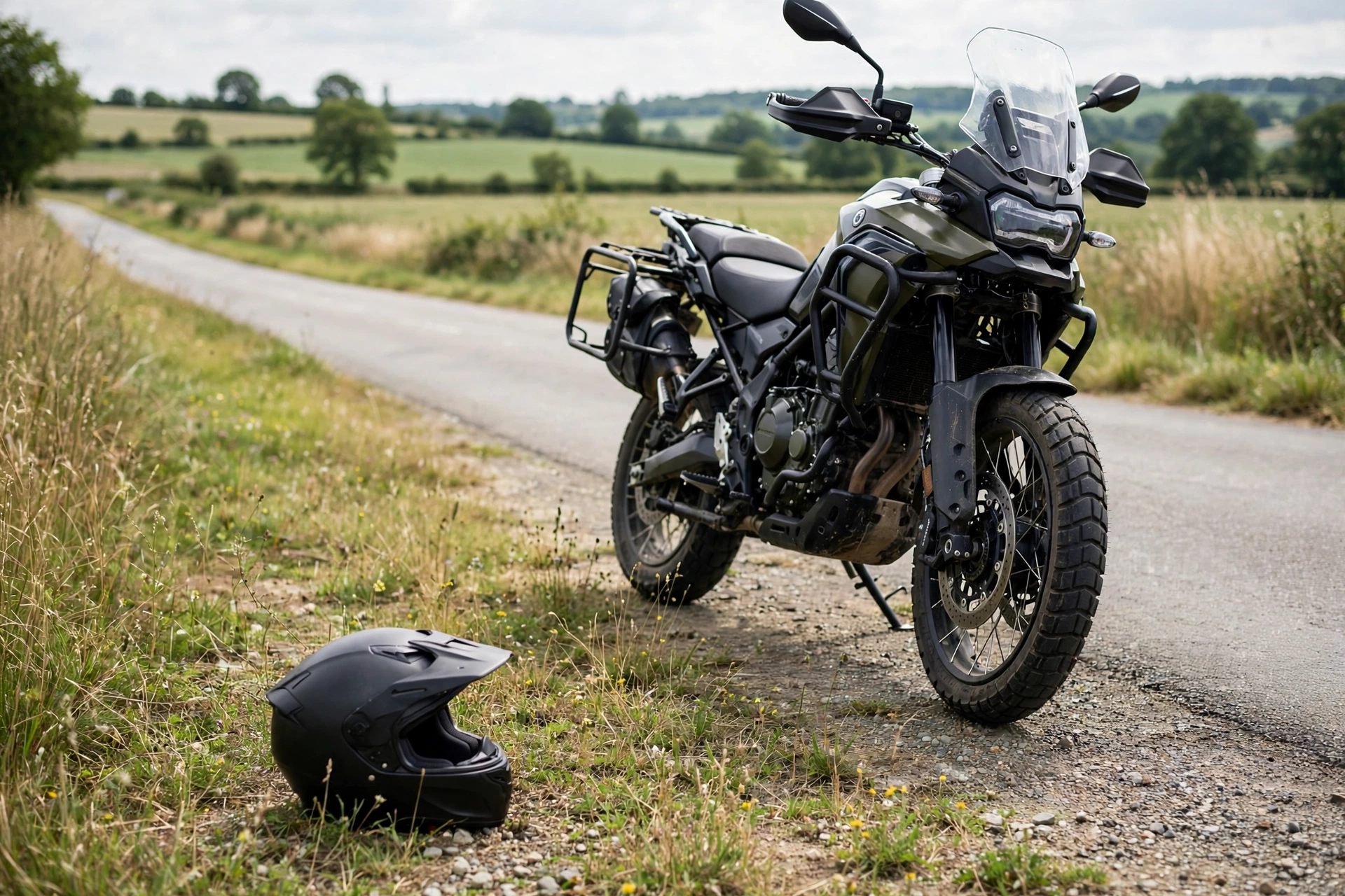 Helmet set on the ground beside a parked motorcycle on a rural road shoulder