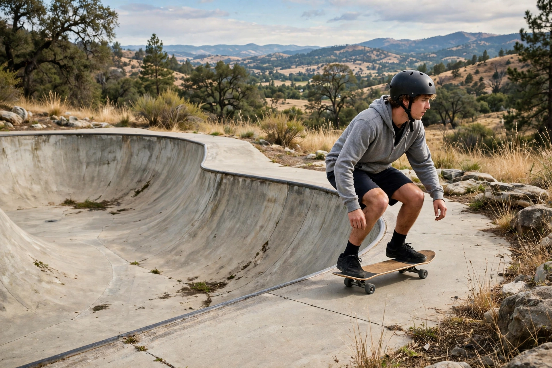 Skateboarder wearing a certified helmet at a concrete skate park
