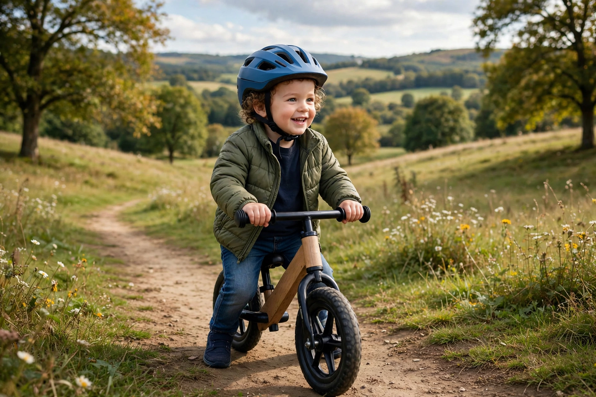 Toddler wearing a correctly sized bike helmet on a balance bike