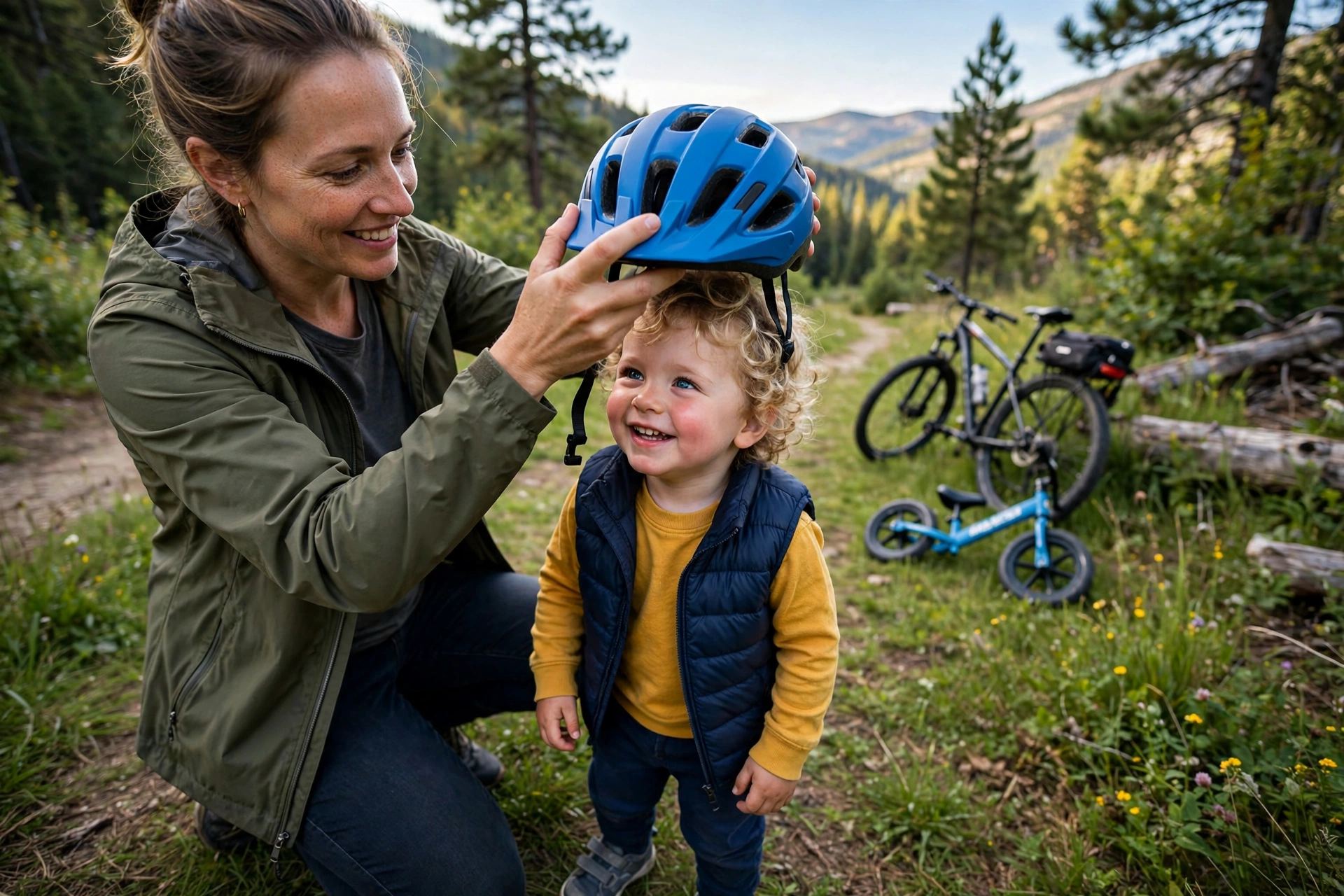 Parent putting a bike helmet on a smiling toddler before a family ride