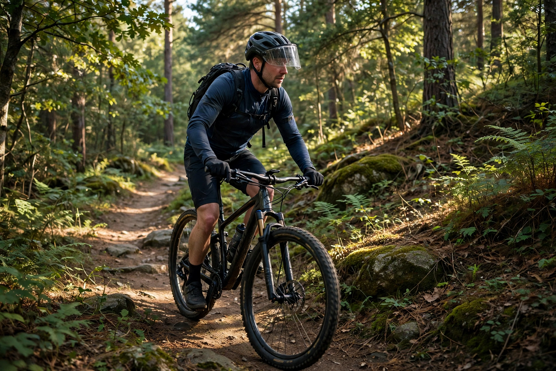 Cyclist wearing a mountain bike helmet with a visor on a forest trail