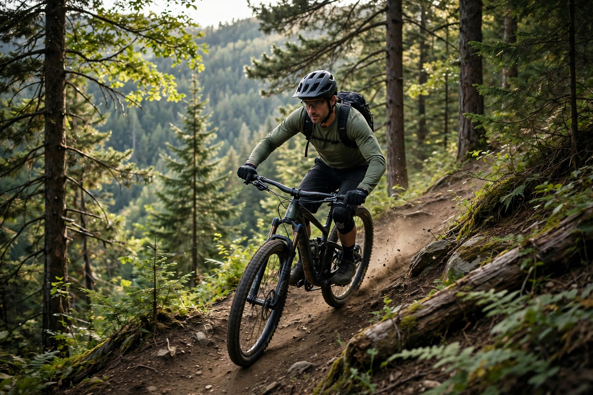 Mountain biker wearing a correctly fitted trail helmet on a forest descent