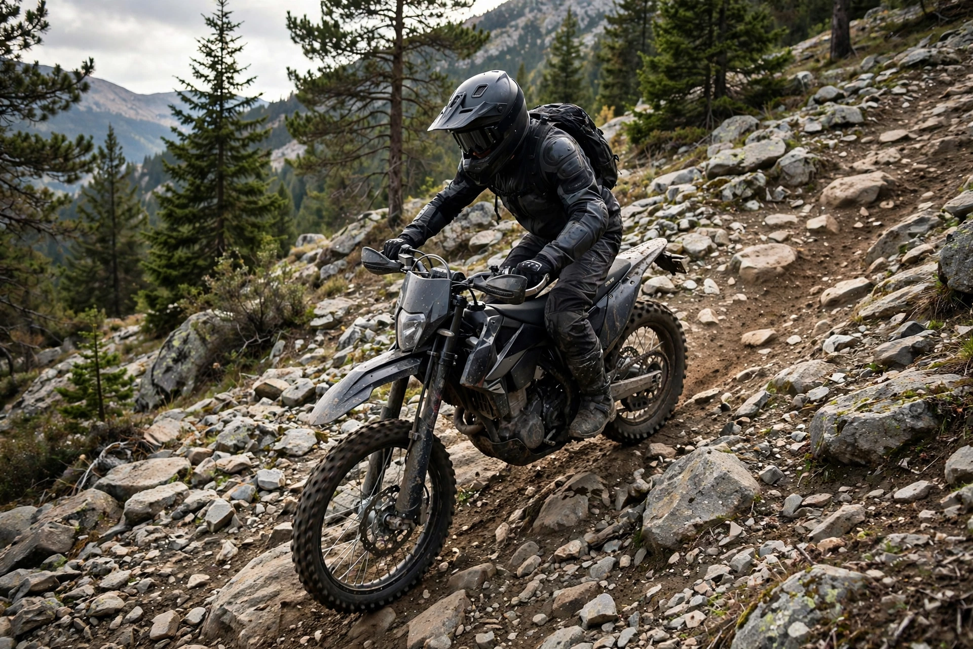 Enduro rider wearing a full face helmet on a rocky downhill trail