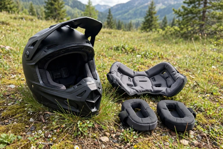 Full face helmet with its removable liner and cheek pads taken out for washing
